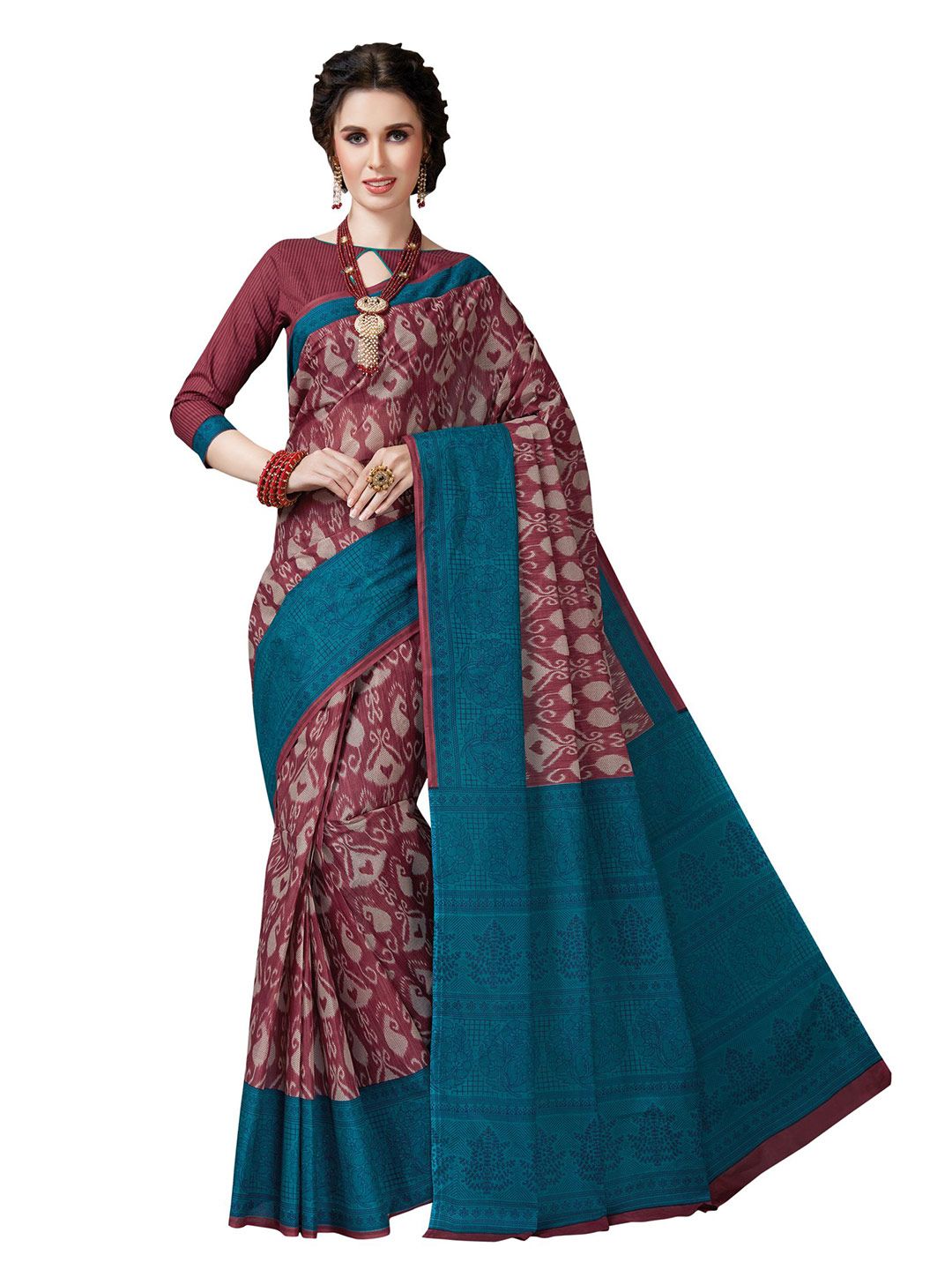 SHANVIKA Purple & Blue Paisley Pure Cotton Block Print Saree Price in India