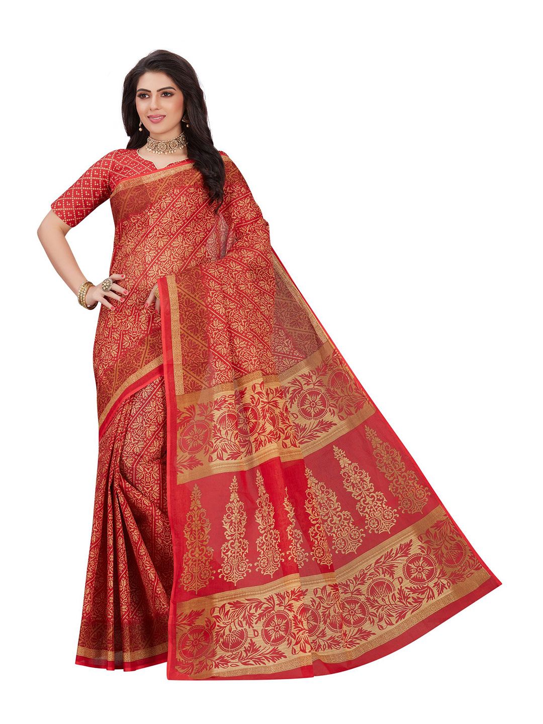SHANVIKA Red & Beige Floral Pure Cotton  Block Print Saree Price in India