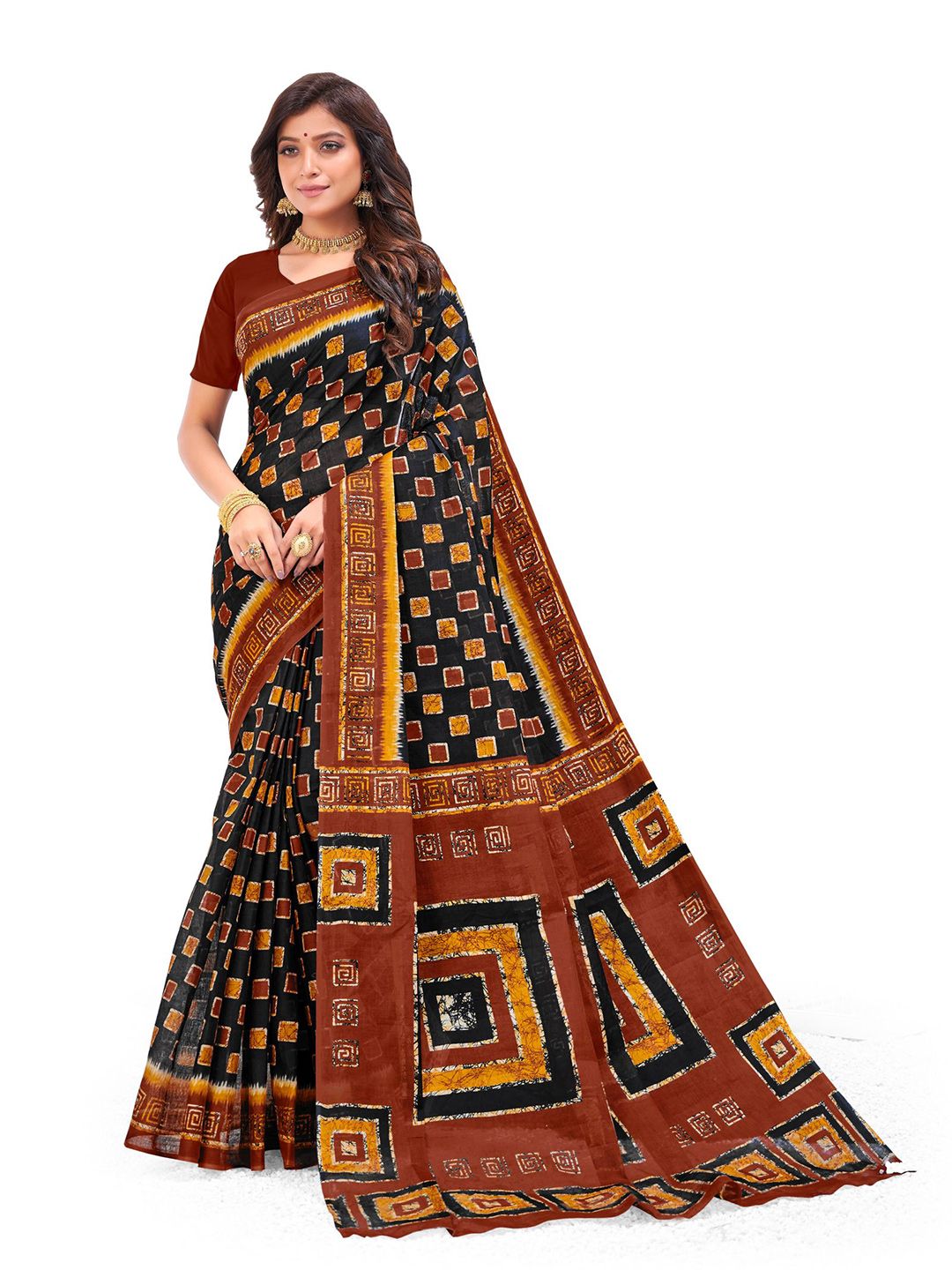 SHANVIKA Black & Rust Batik Pure Cotton Block Print Saree Price in India