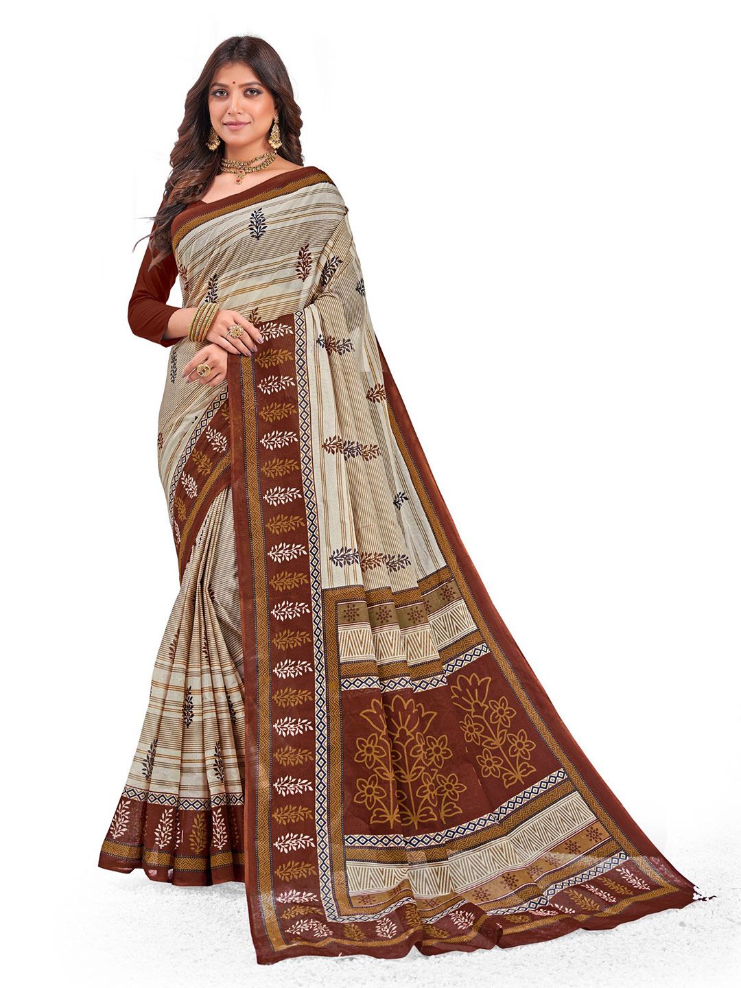 SHANVIKA Beige & Brown Floral Pure Cotton  Block Print Saree Price in India