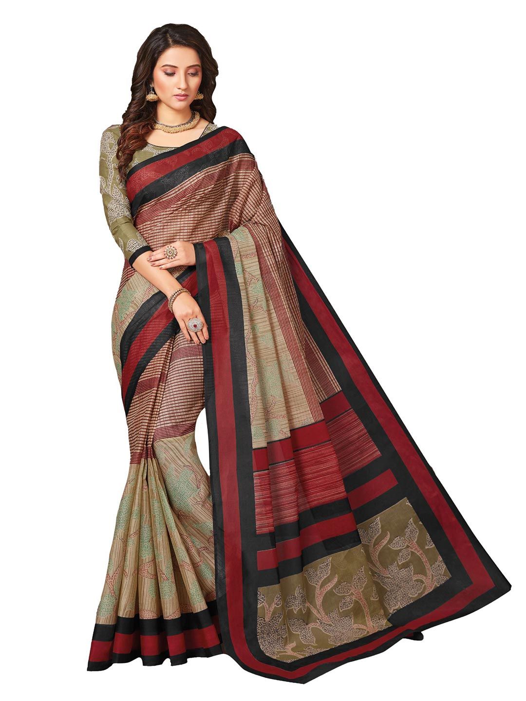 SHANVIKA Red & Beige Striped Pure Cotton Block Print Saree Price in India