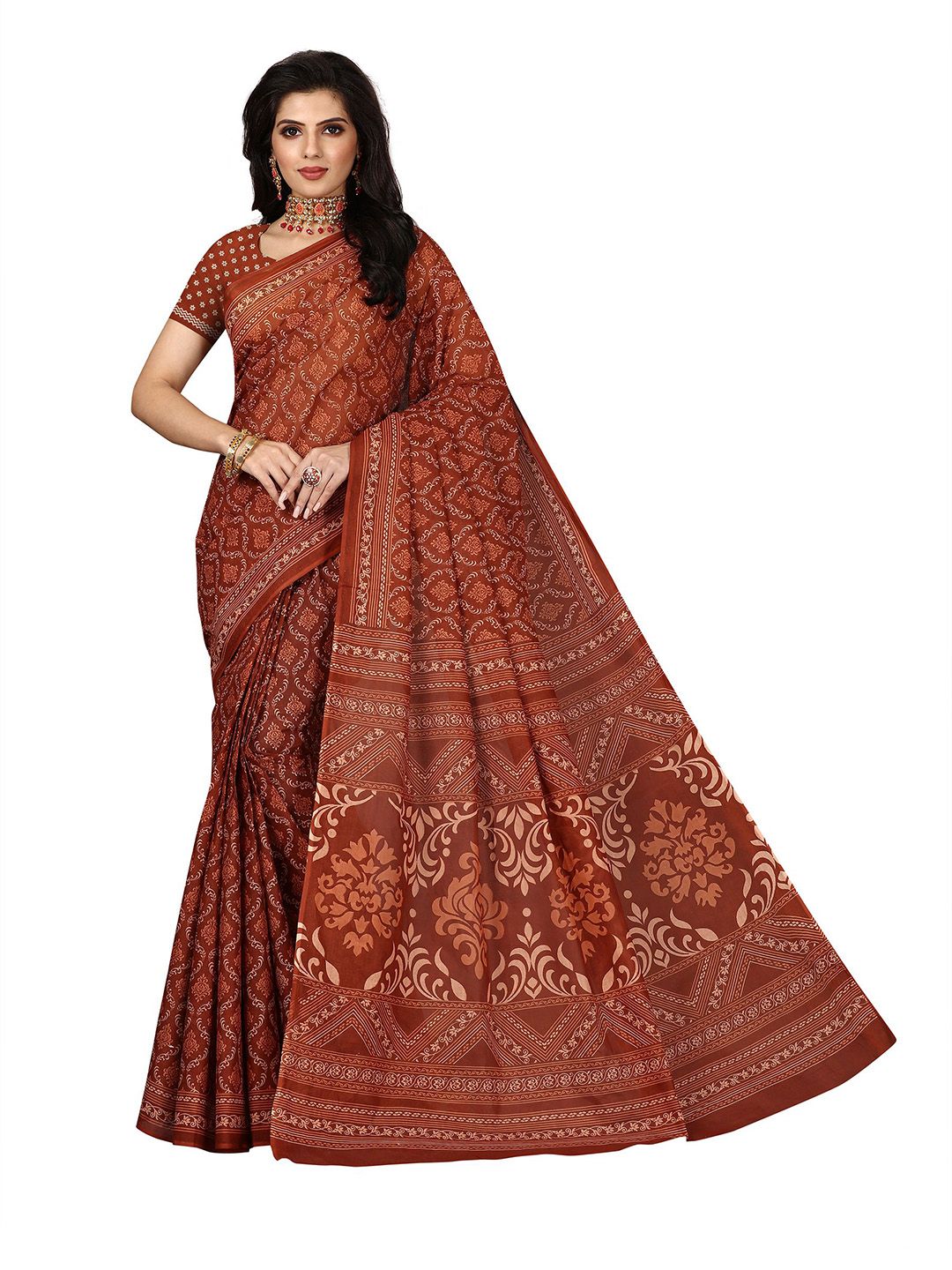 SHANVIKA Rust & Brown Floral Pure Cotton Block Print Saree Price in India