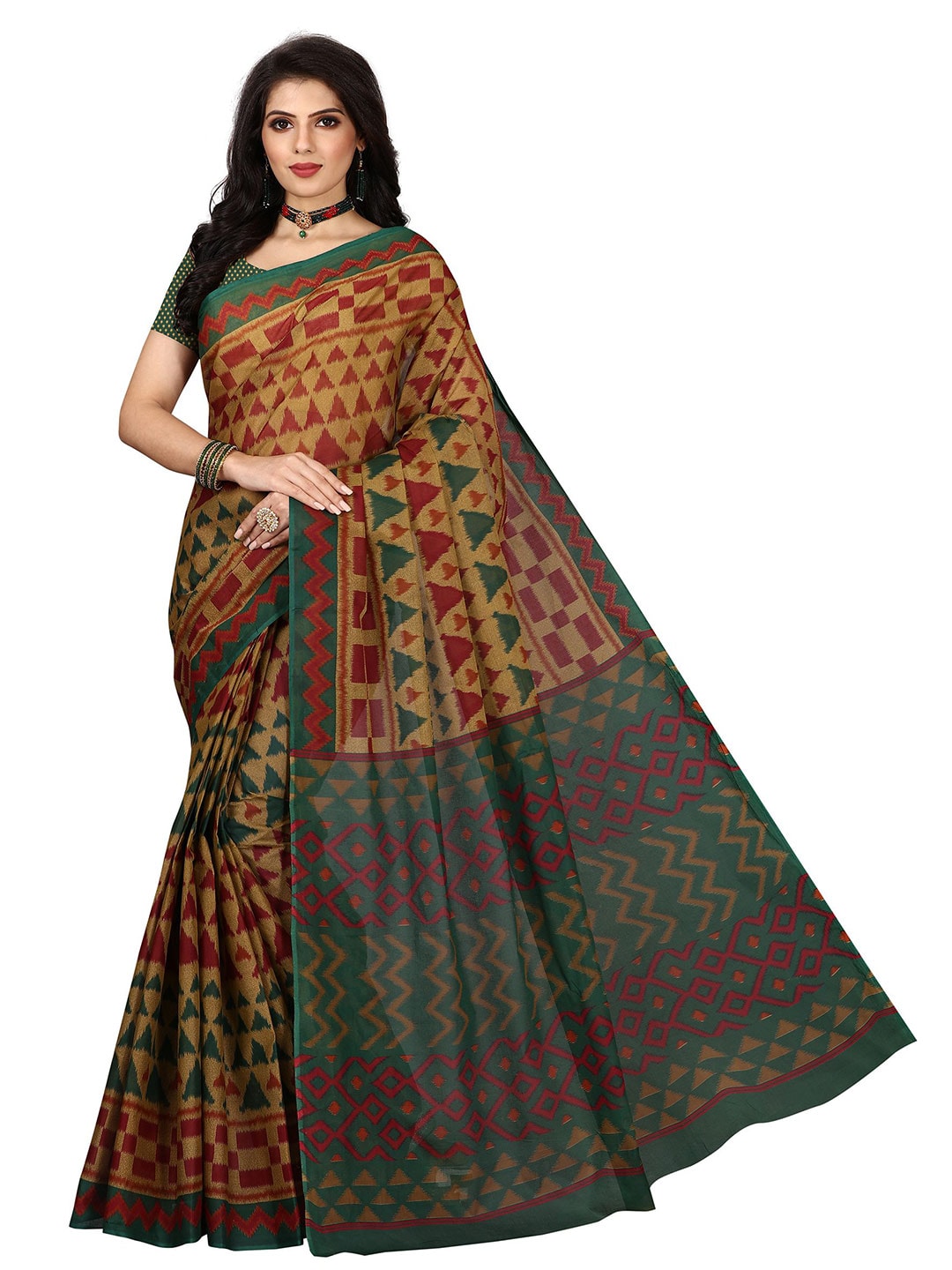 SHANVIKA Brown & Green Pure Cotton  Block Print Saree Price in India