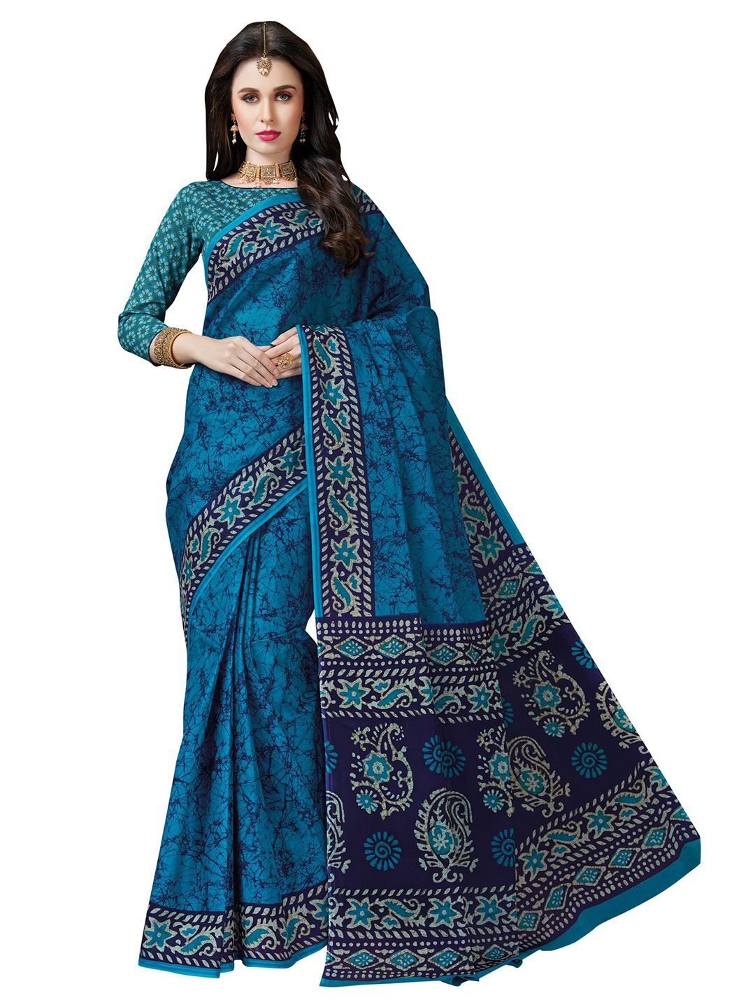 SHANVIKA Blue & Off White Batik Pure Cotton Block Print Saree Price in India