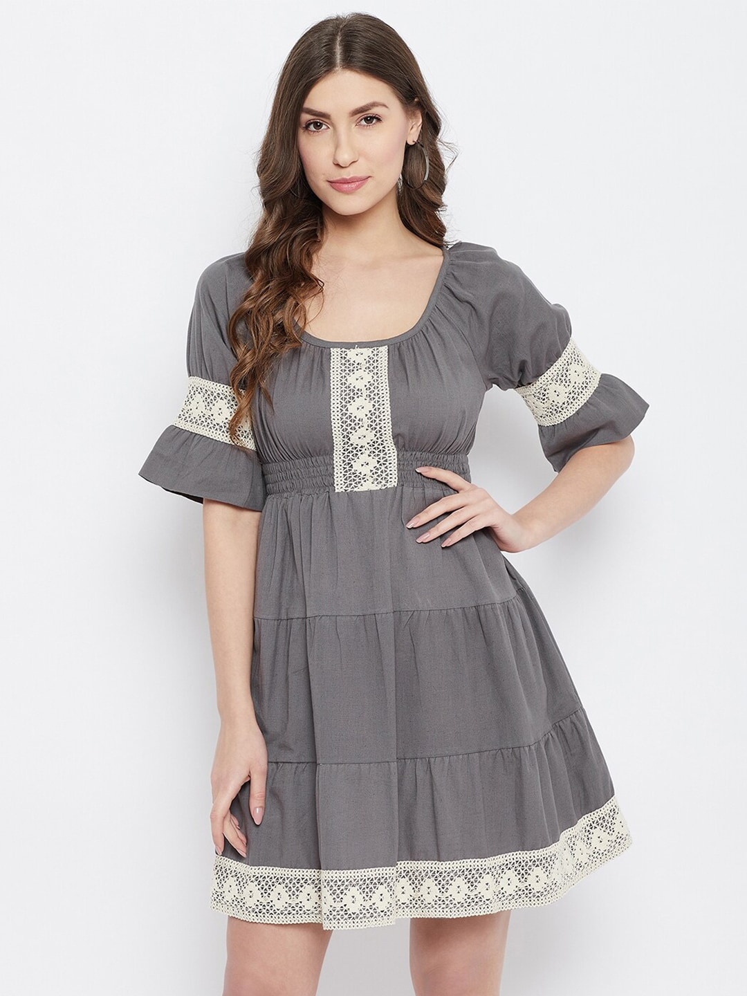 JHANKHI Grey Round Neck Lace Inserts Fit and Flare Dress Price in India