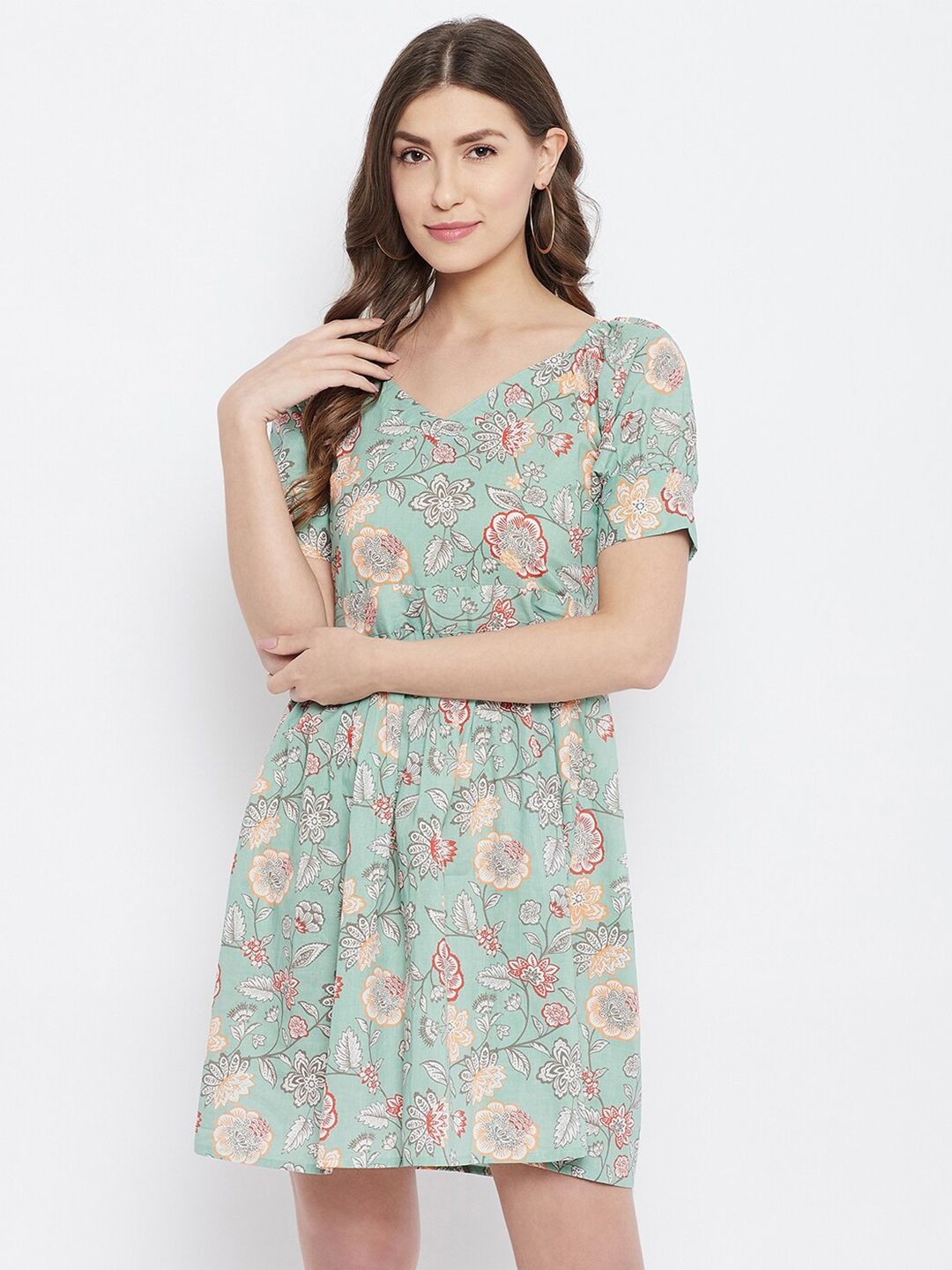 JHANKHI Sea Green Floral Print Fit & Flare Dress Price in India