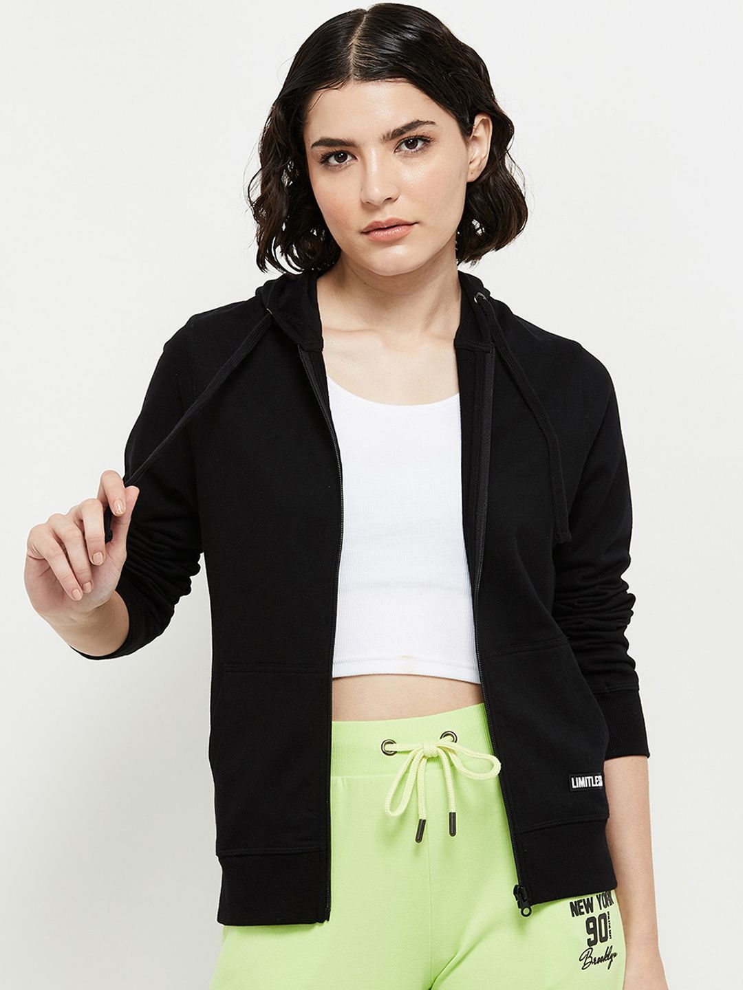 max Women Black Open Front Jacket with Embroidered Price in India