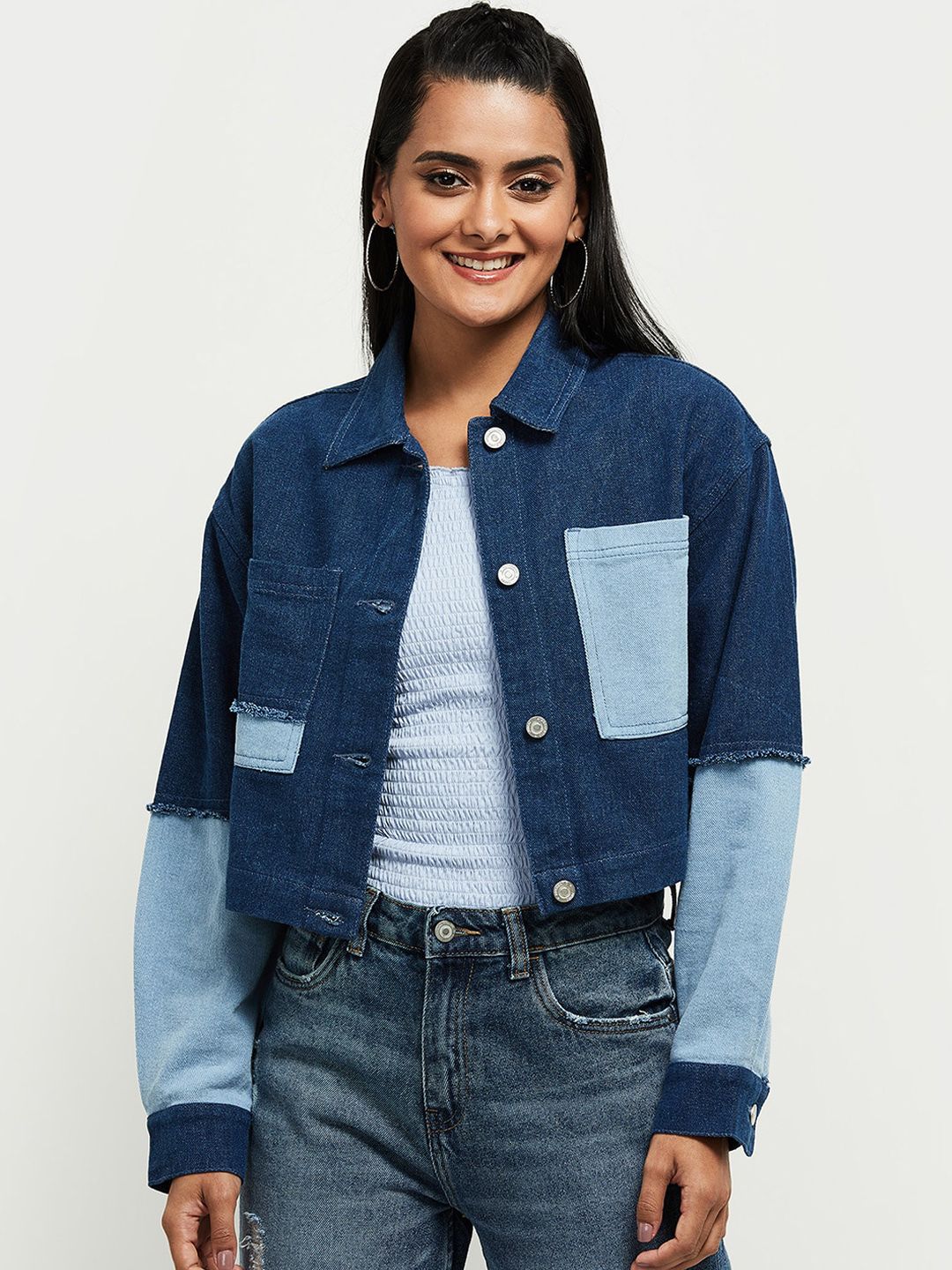 max Women Blue Colourblocked Denim Jacket with Patchwork Price in India