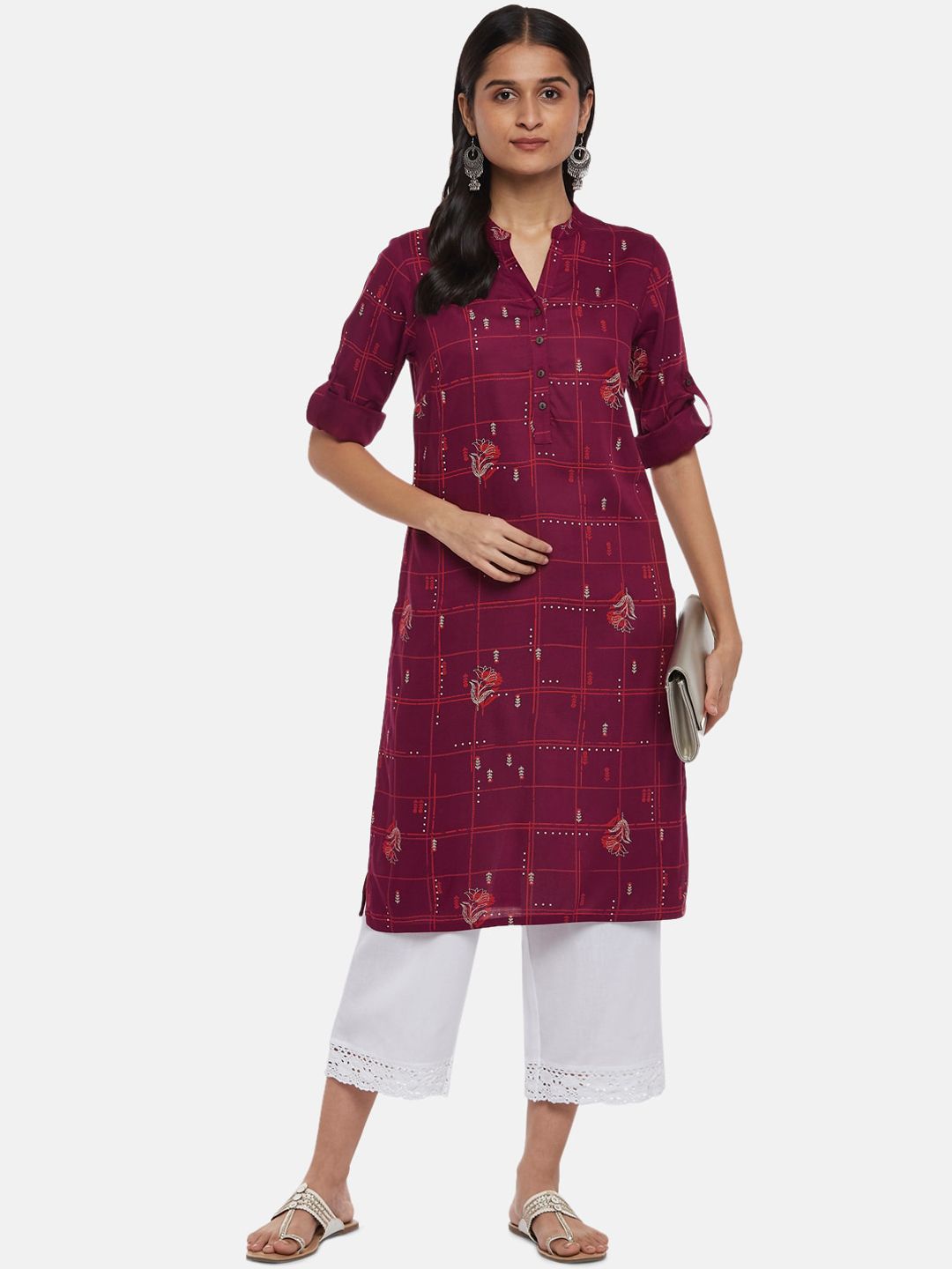 RANGMANCH BY PANTALOONS Women Maroon Quirky Printed Thread Work Kurta Price in India