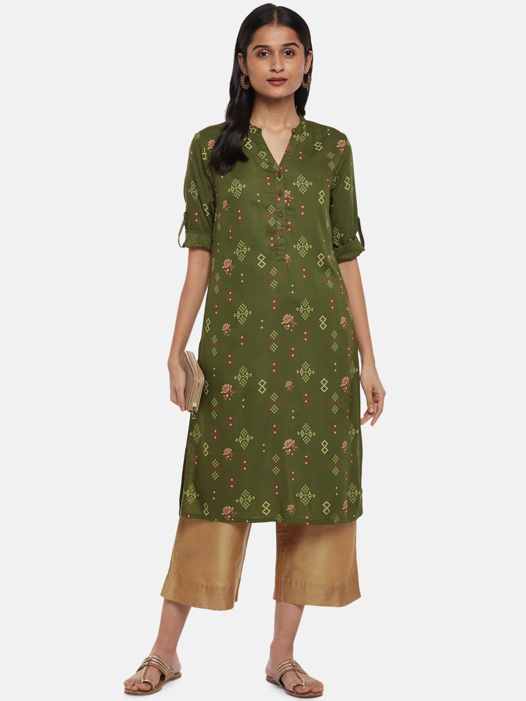 RANGMANCH BY PANTALOONS Women Olive Green Floral Printed Thread Work Kurta Price in India