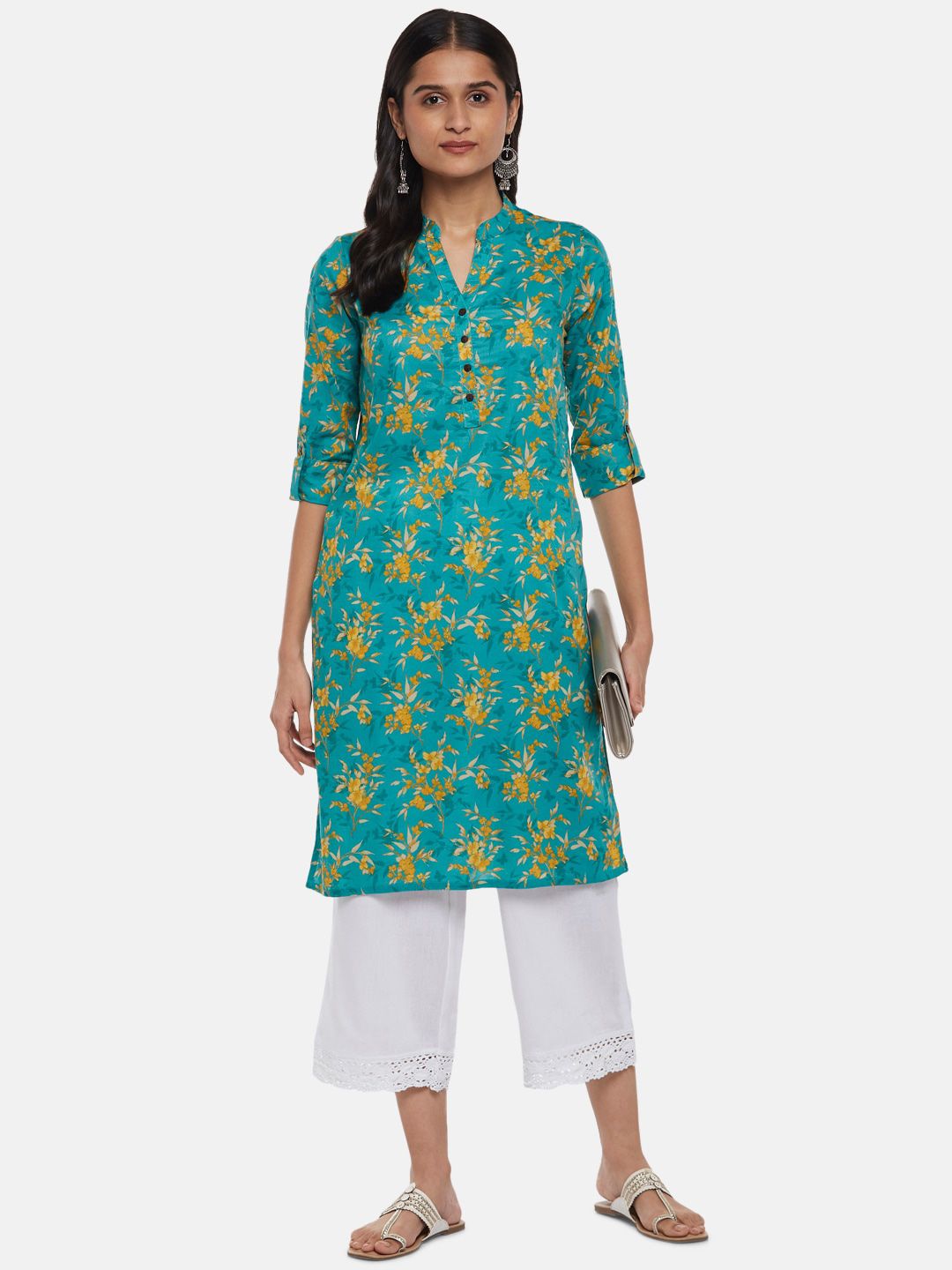 RANGMANCH BY PANTALOONS Women Teal Floral Printed Thread Work Kurta Price in India