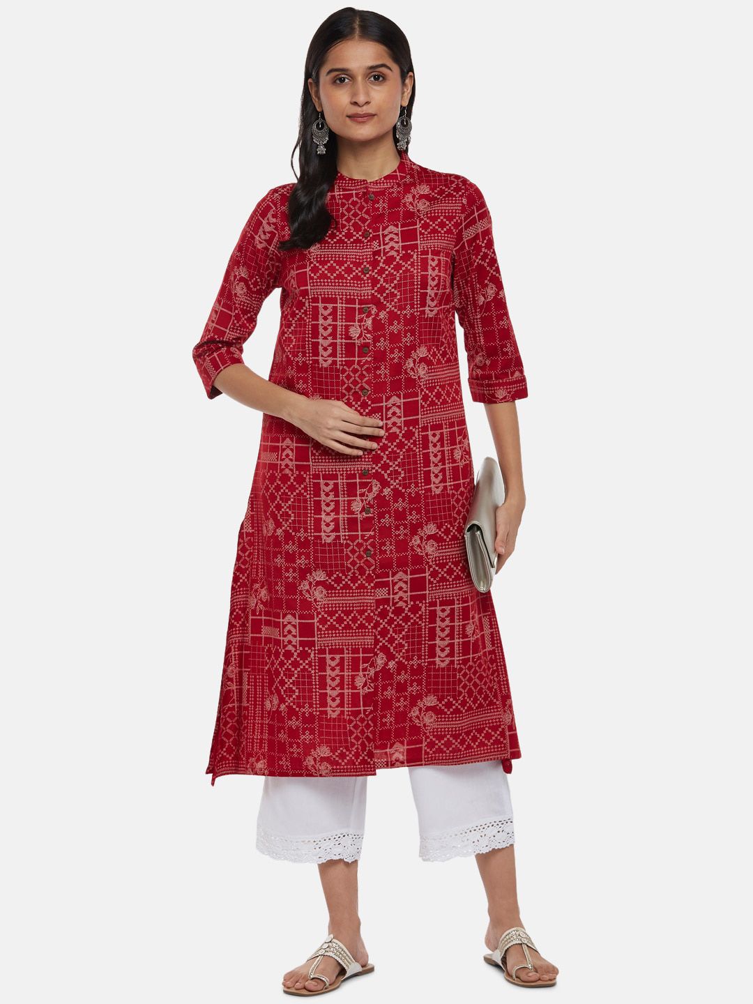 RANGMANCH BY PANTALOONS Women Red Geometric Printed Flared Sleeves Kurta Price in India