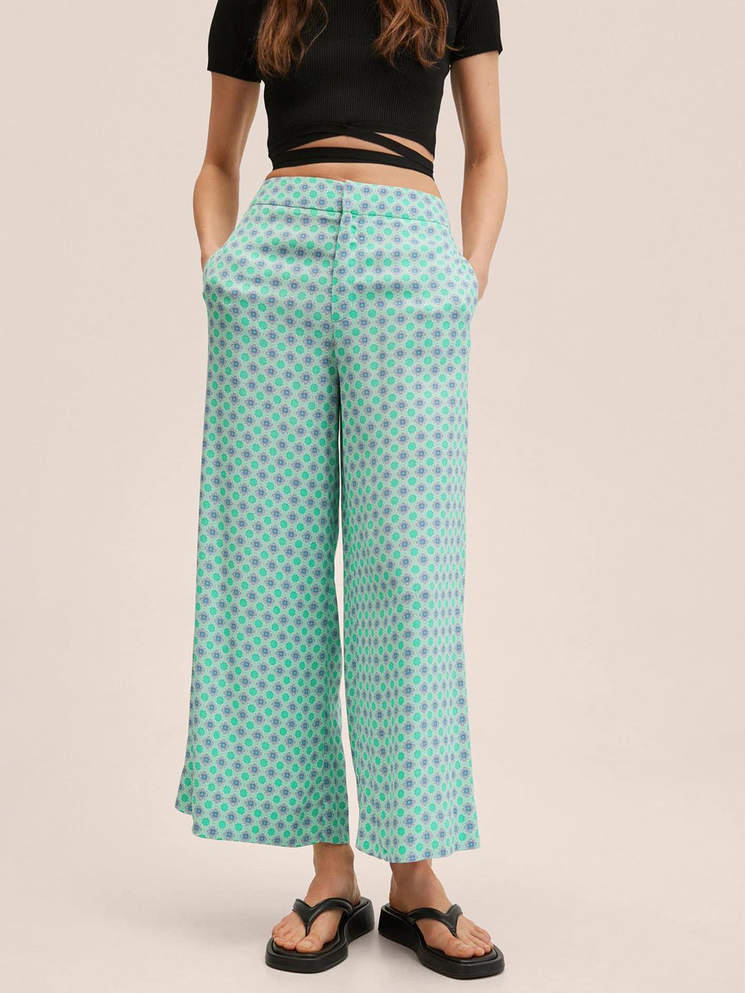 MANGO Women Blue Ethnic Motifs Printed Trousers Price in India