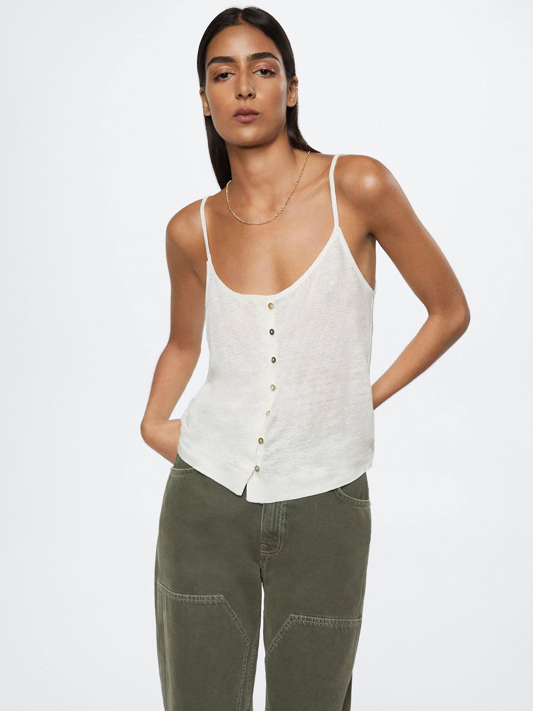 MANGO Off White Solid Shoulder Strap Linen Top Price in India
