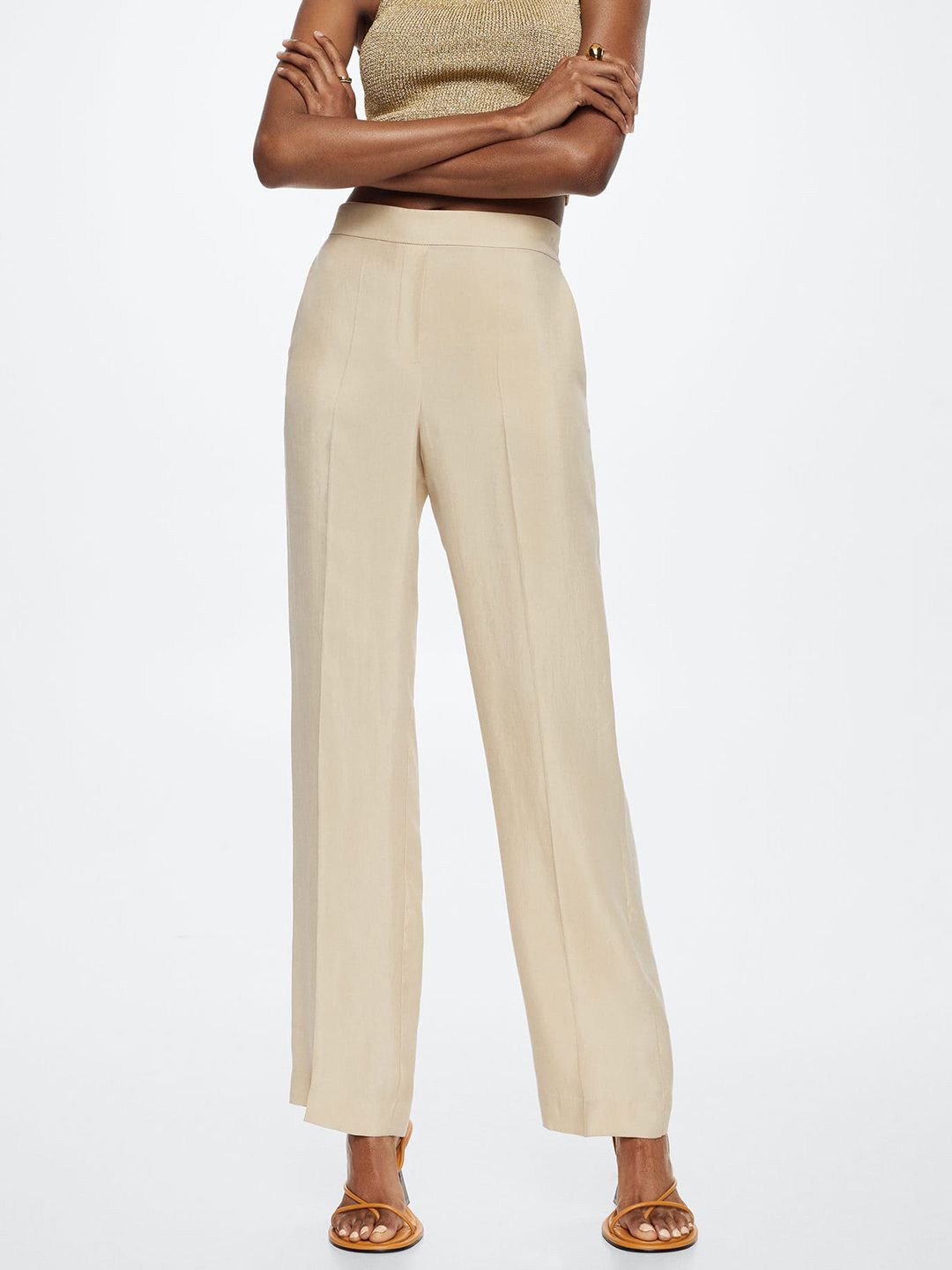 MANGO Women Beige Solid Trousers Price in India