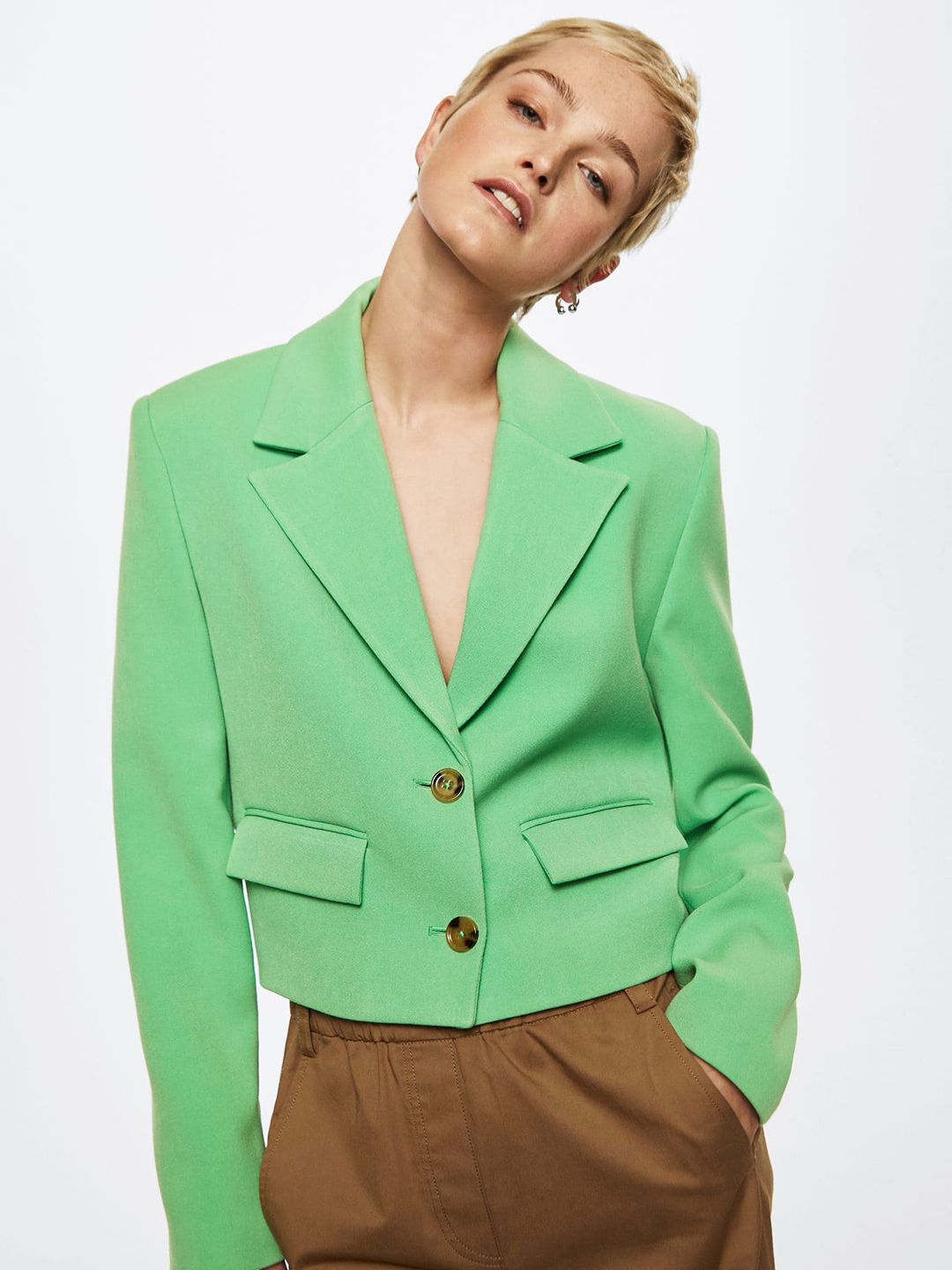 MANGO Women Green Solid Single-Breasted Cropped Blazer Price in India