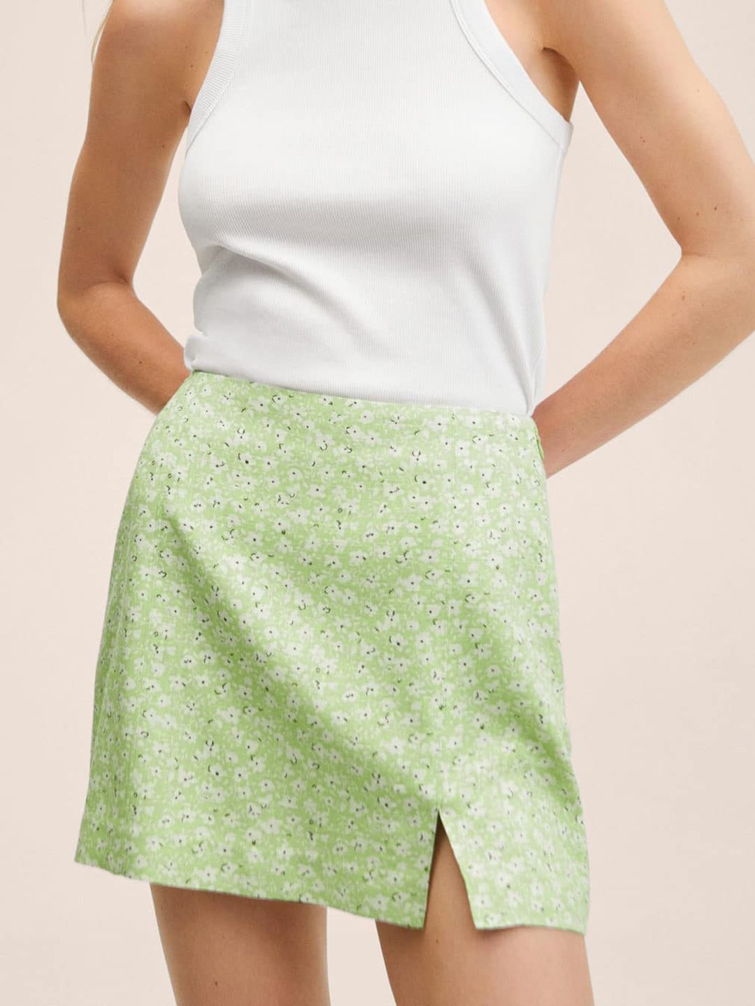 MANGO Women Green & White Floral Straight Skirt Price in India