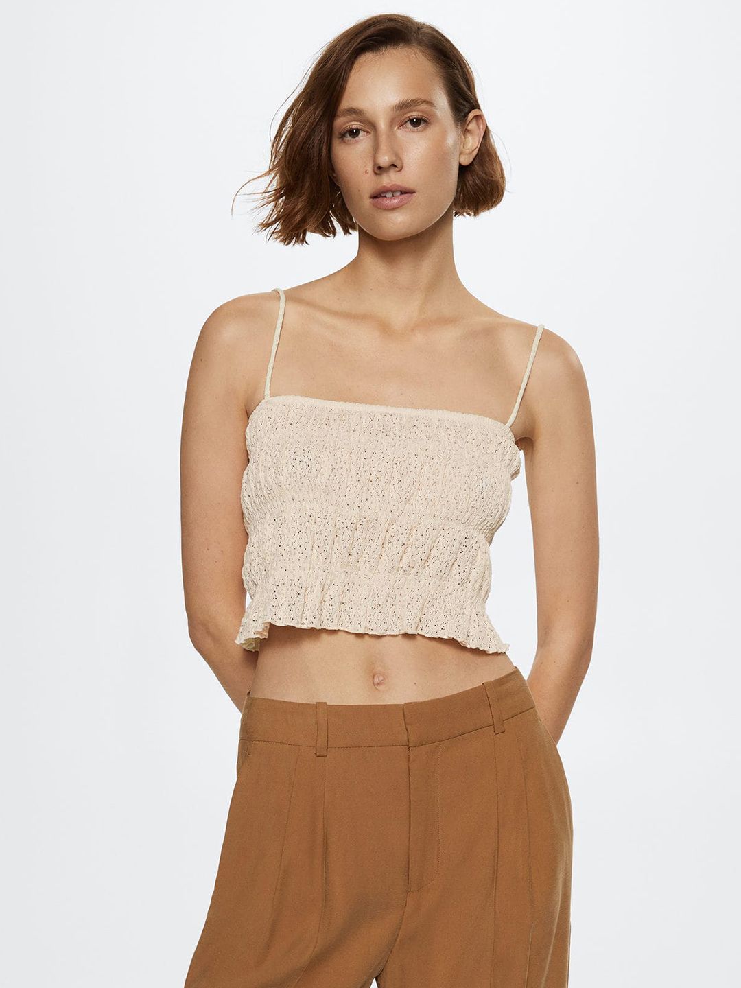 MANGO Cream-Coloured Crochet Knit Smocked Top