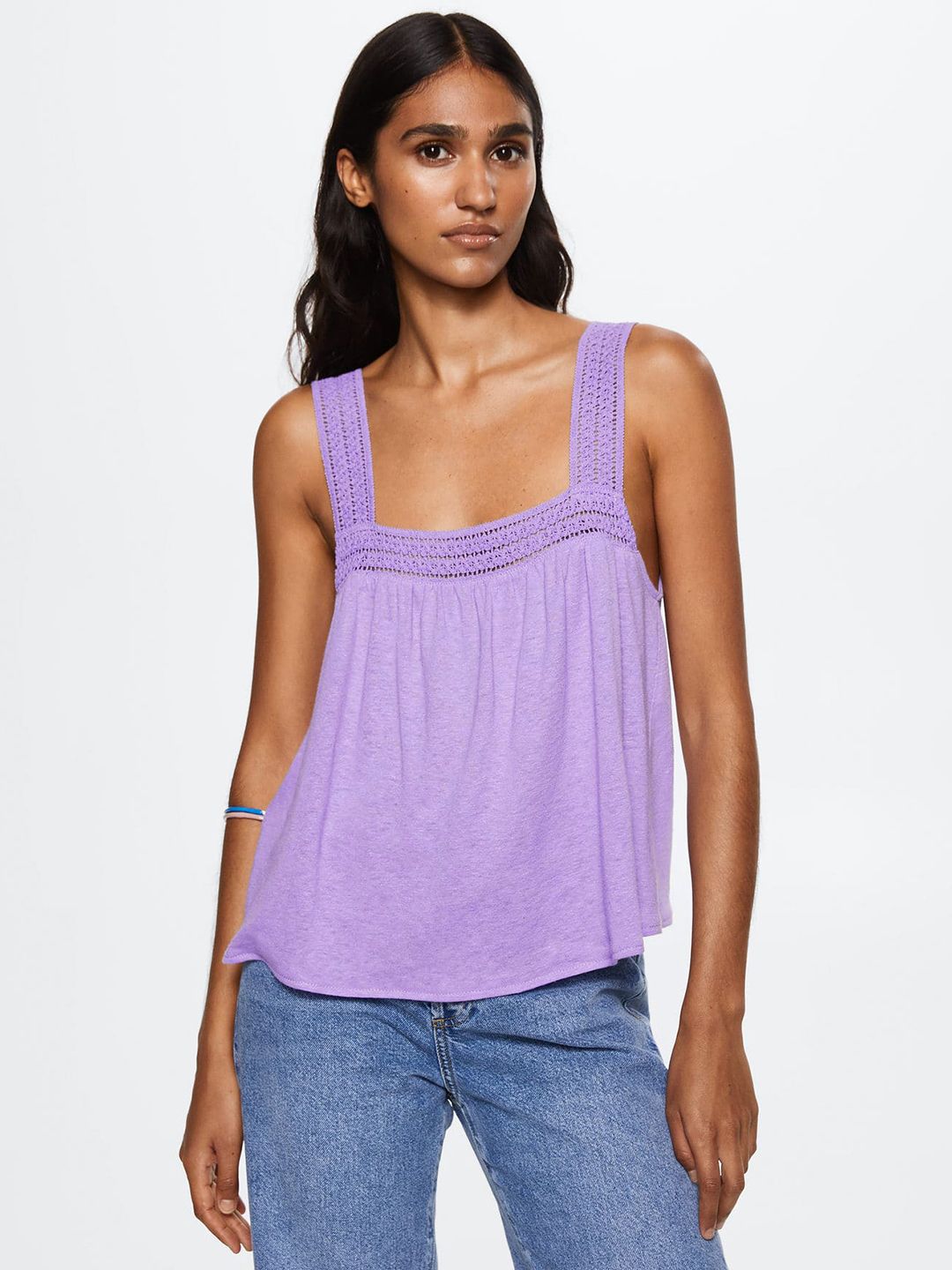 MANGO Lavender Solid Lace Insert Detail Top Price in India