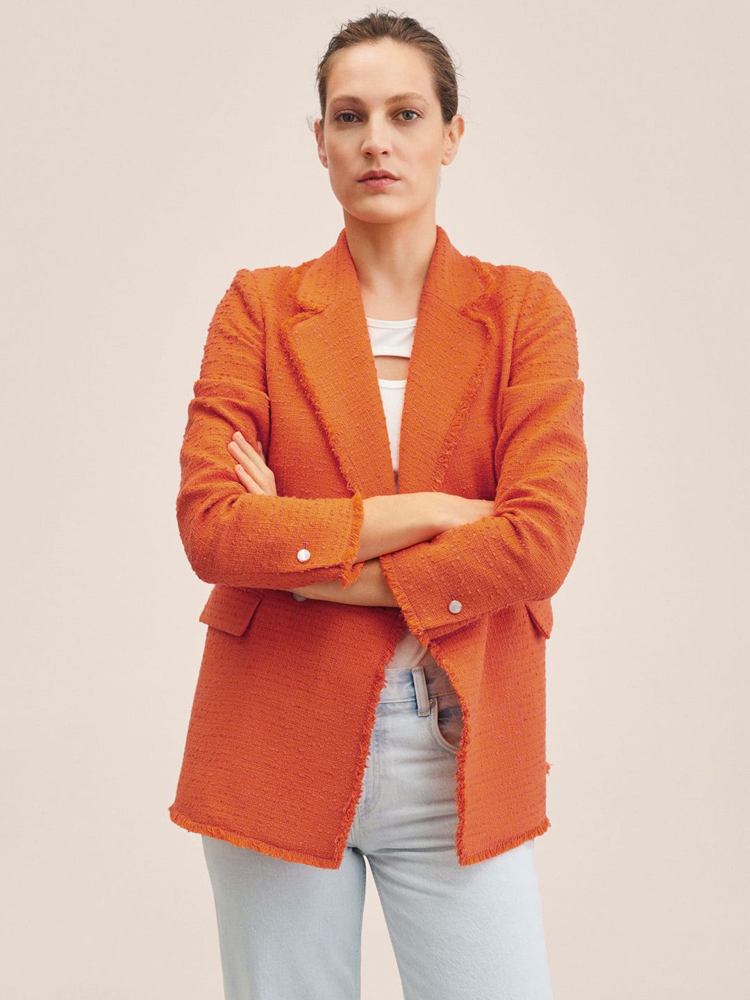 MANGO Women Orange Tweed Regular Fit Casual Blazer Price in India