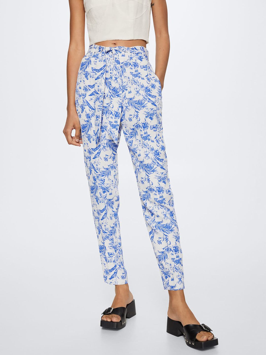 MANGO Women White Floral Printed Tapered Fit Pleated Trousers Price in India