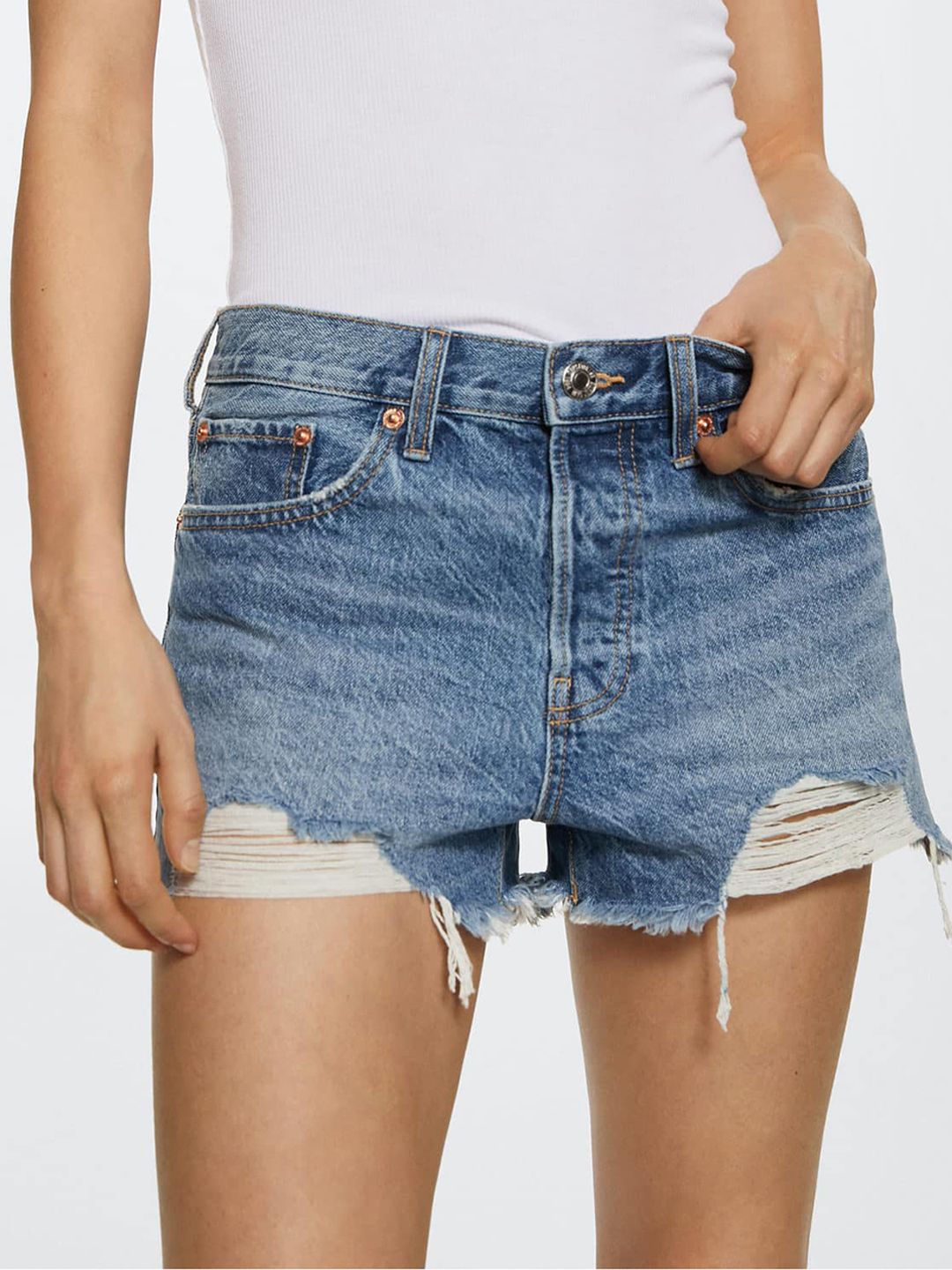 MANGO Women Navy Blue Pure Cotton Distressed Denim Shorts Price in India