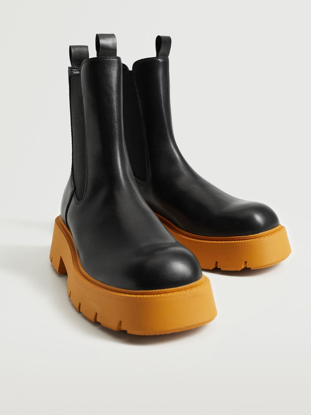 MANGO Women Black & Mustard Yellow Solid High-Top Chelsea Boots Price in India