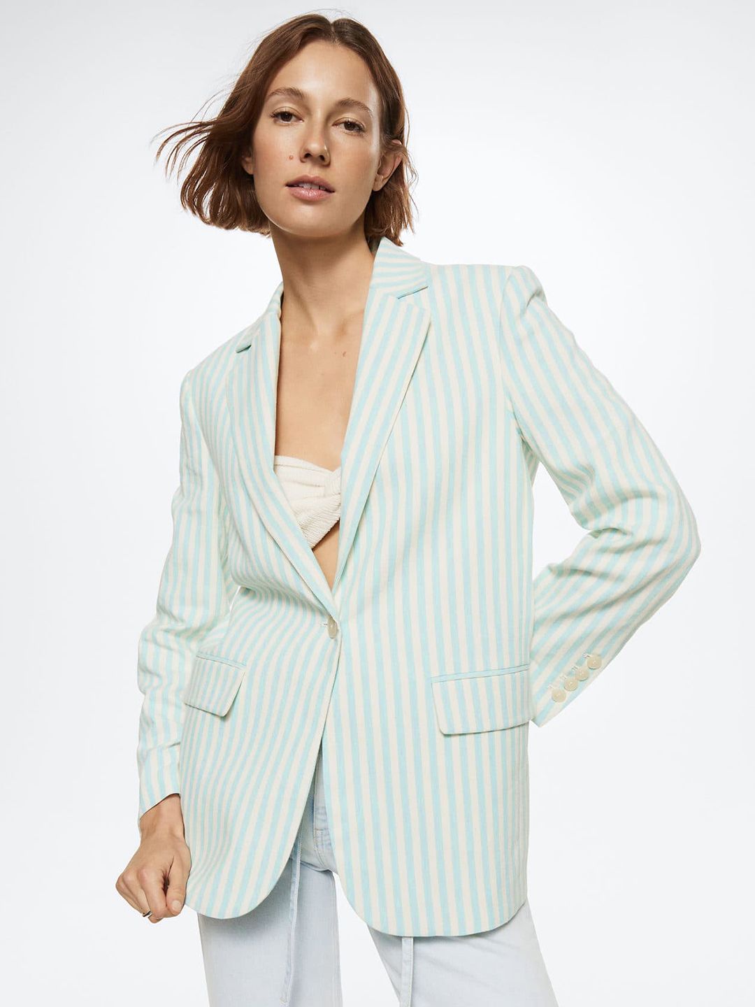 MANGO Women White and Blue Striped Regular Fit Casual Oversized Blazer Price in India