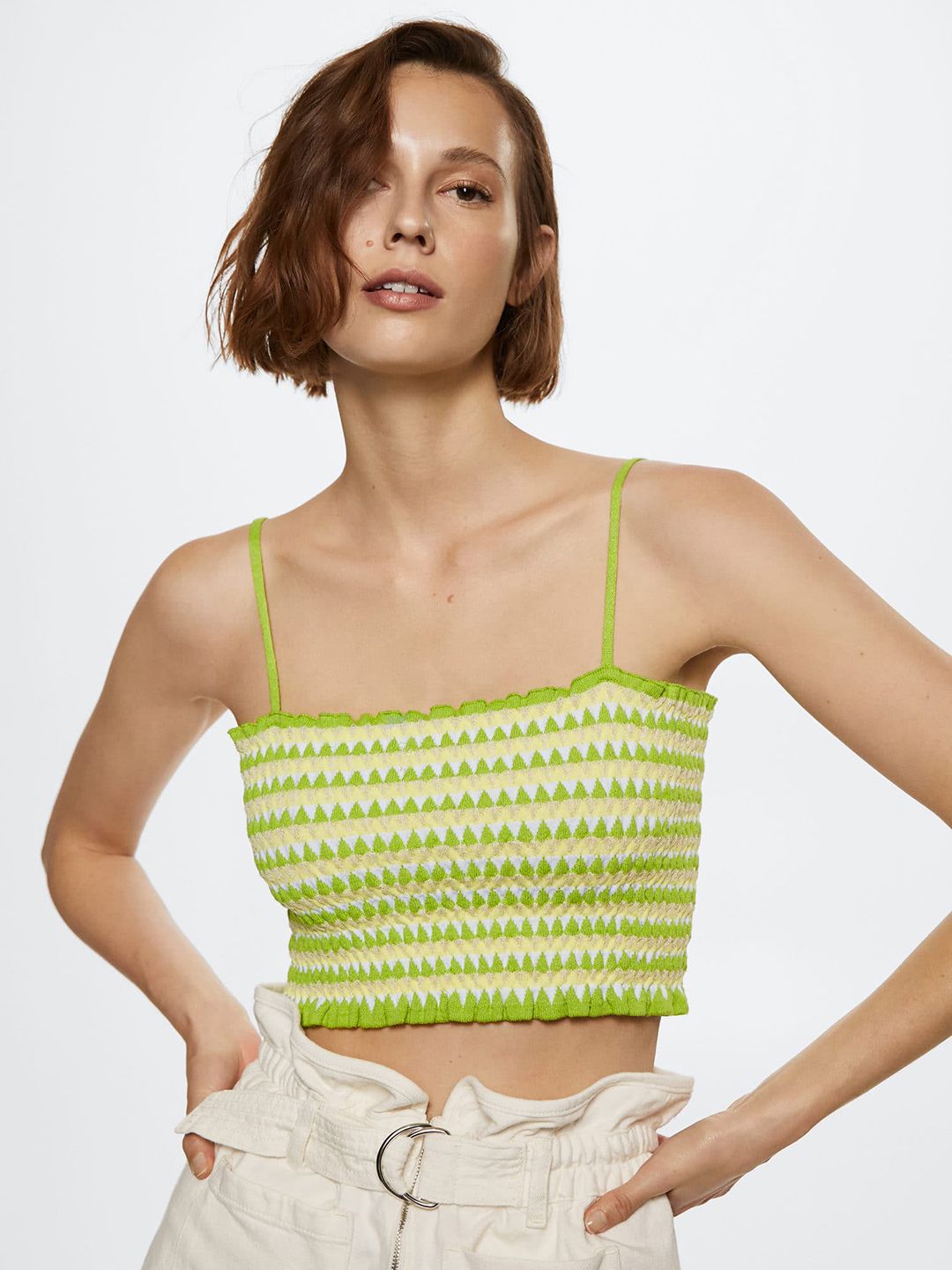 MANGO Green & Cream-Coloured Striped Smocked Crop Top Price in India