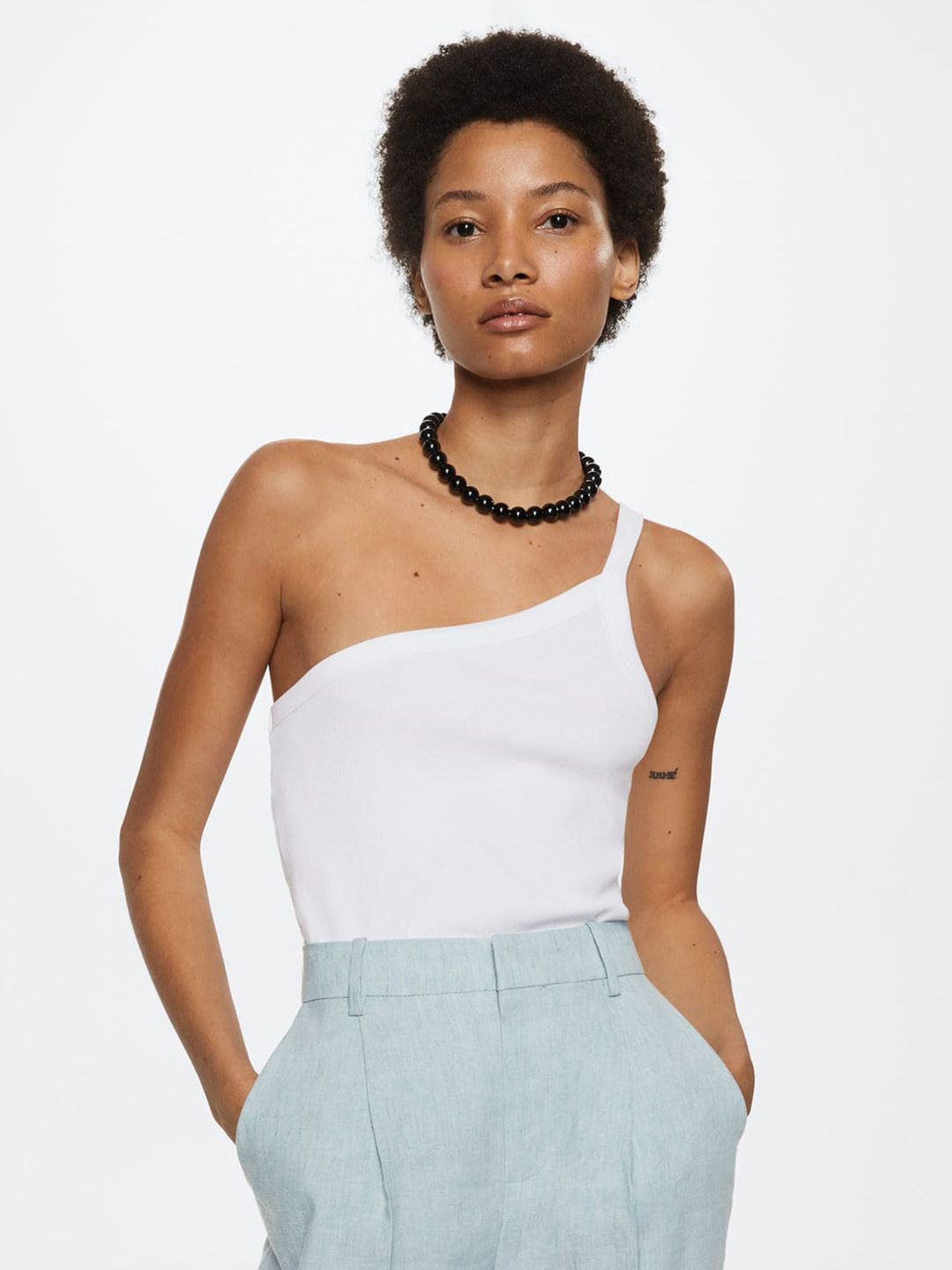 MANGO White Ribbed One Shoulder Top