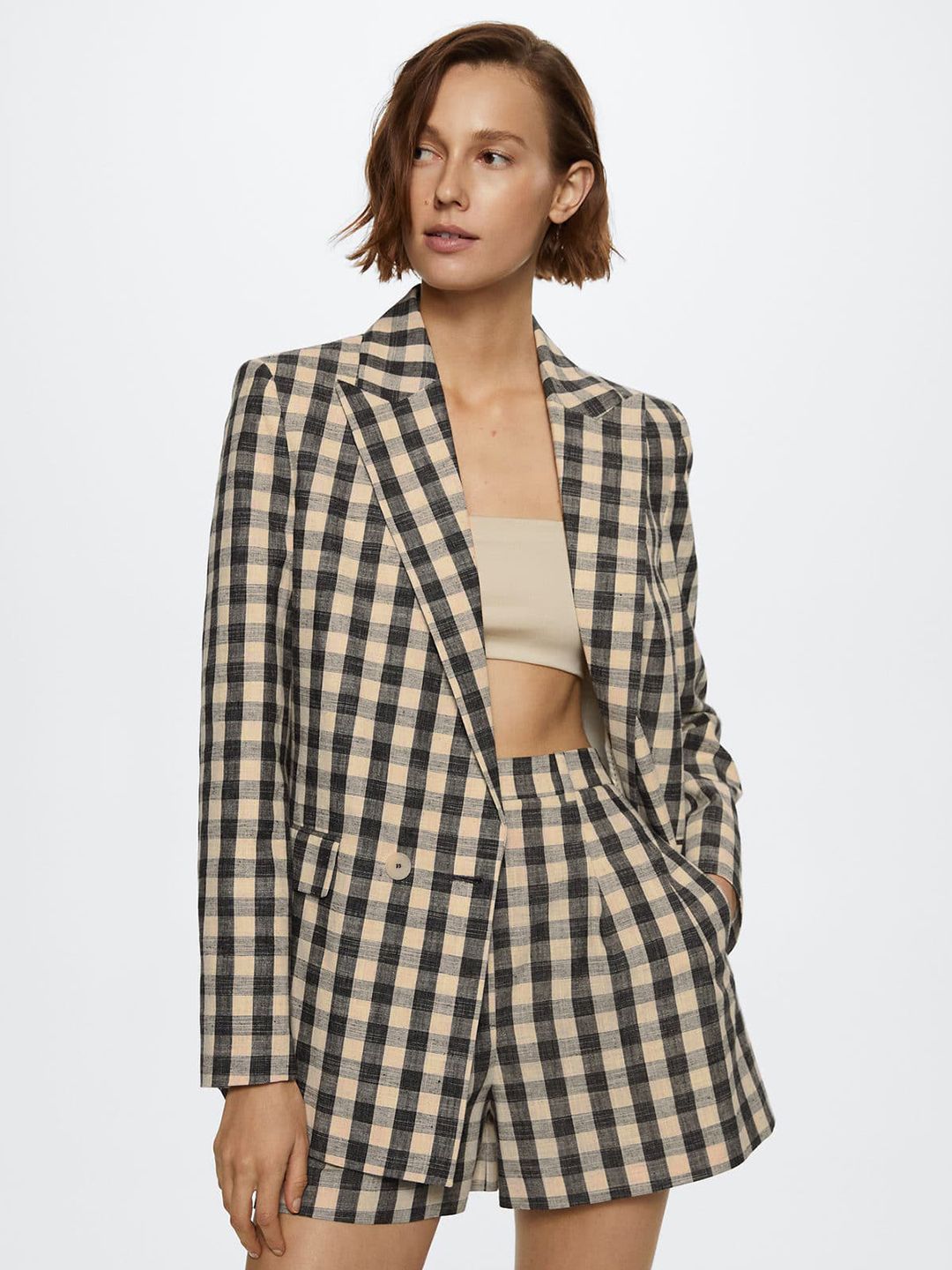 MANGO Women Black & Beige Checked  Regular-Fit Double-Breasted Formal Blazer Price in India