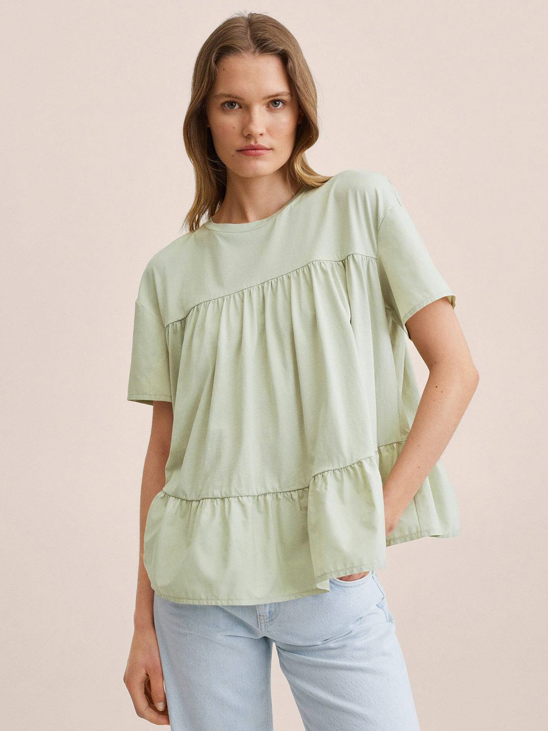 MANGO Green Solid Cotton Extended Sleeves Top Price in India