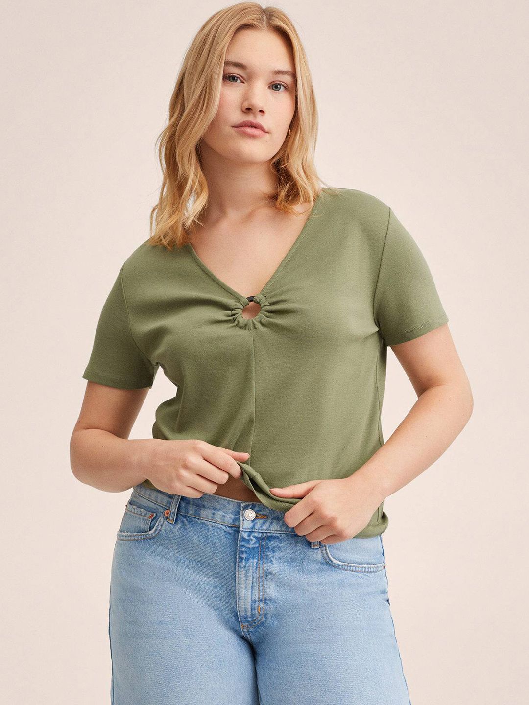 MANGO Olive Green Solid Cut Out Detail Cotton Top Price in India