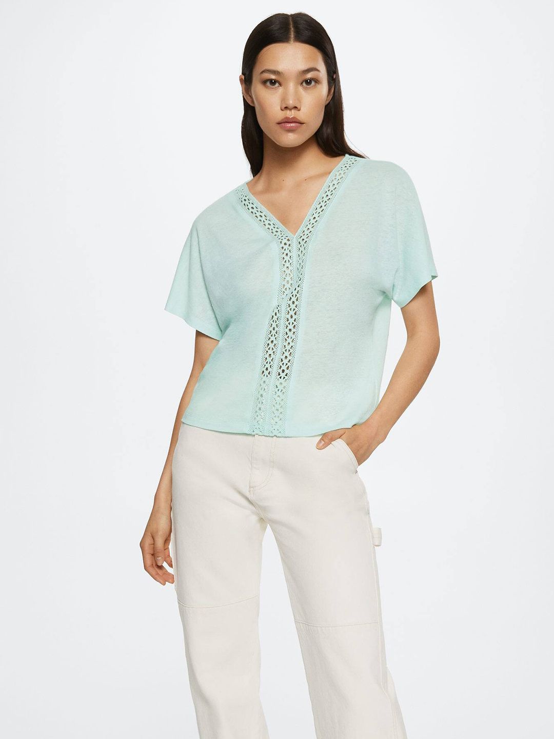 MANGO Blue Solid Extended Sleeves Top
