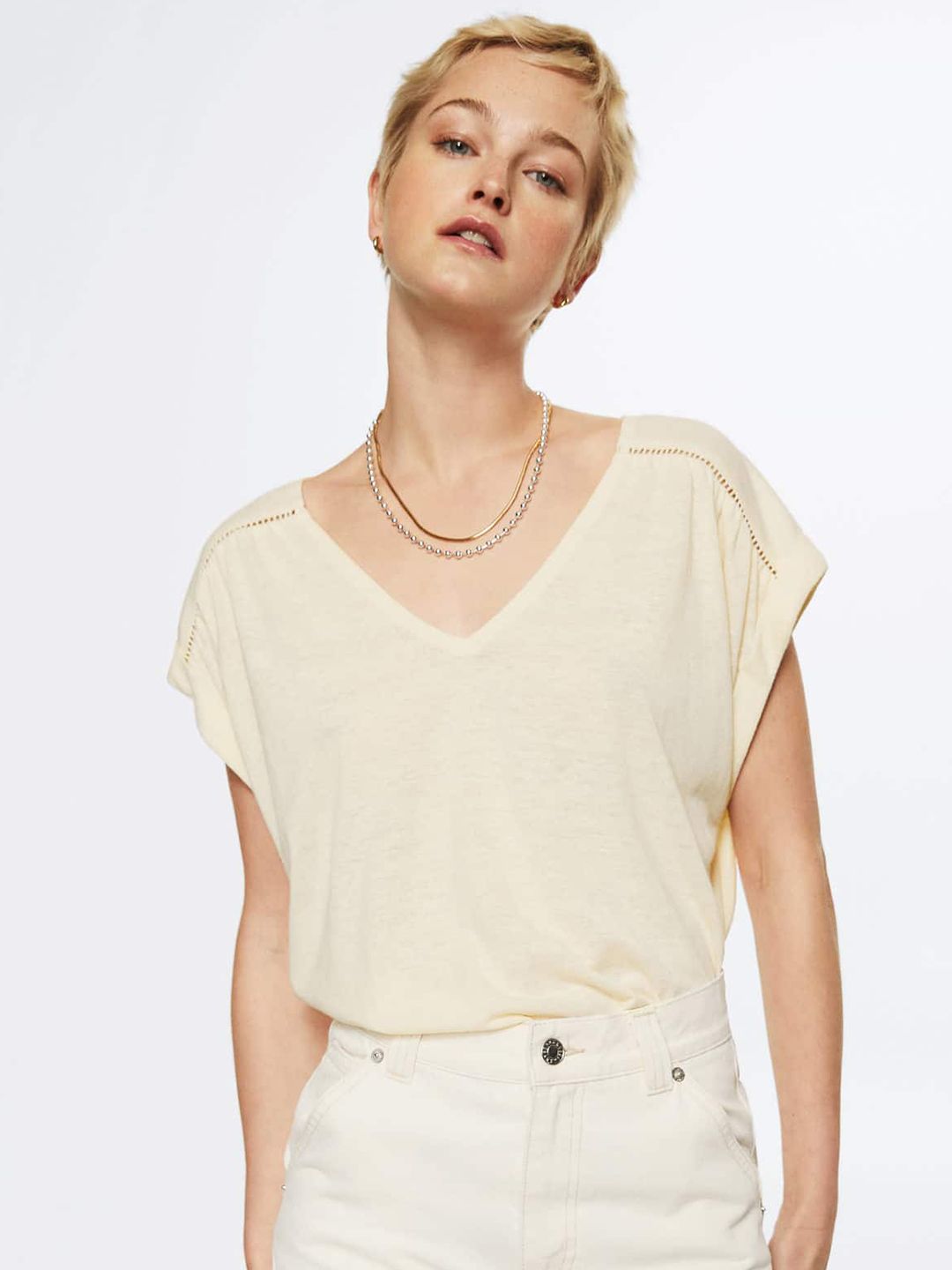 MANGO Cream-Coloured Solid Extended Sleeves Top Price in India