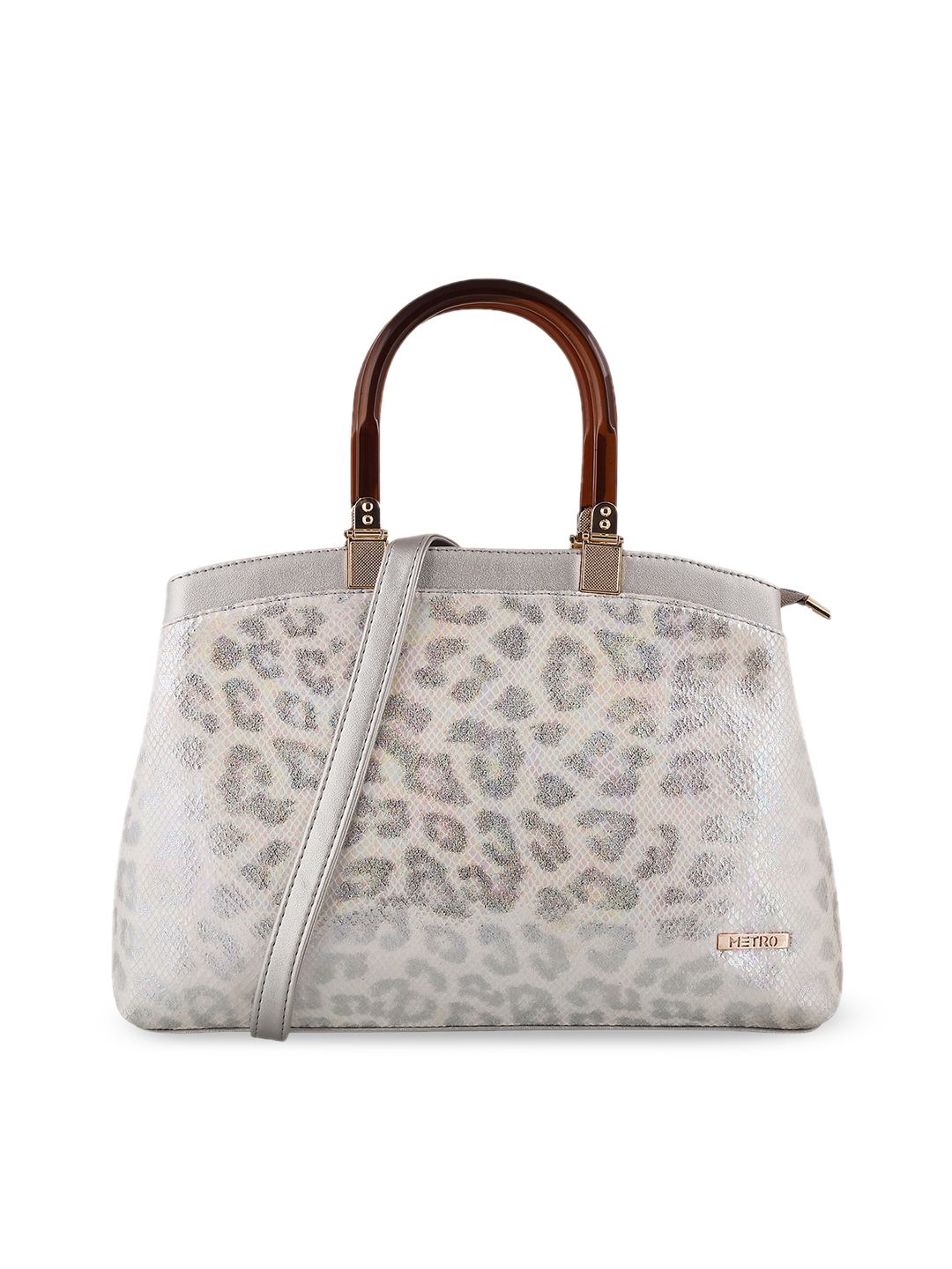 Metro Silver-Toned Animal PU Structured Handheld Bag with Cut Work Price in India