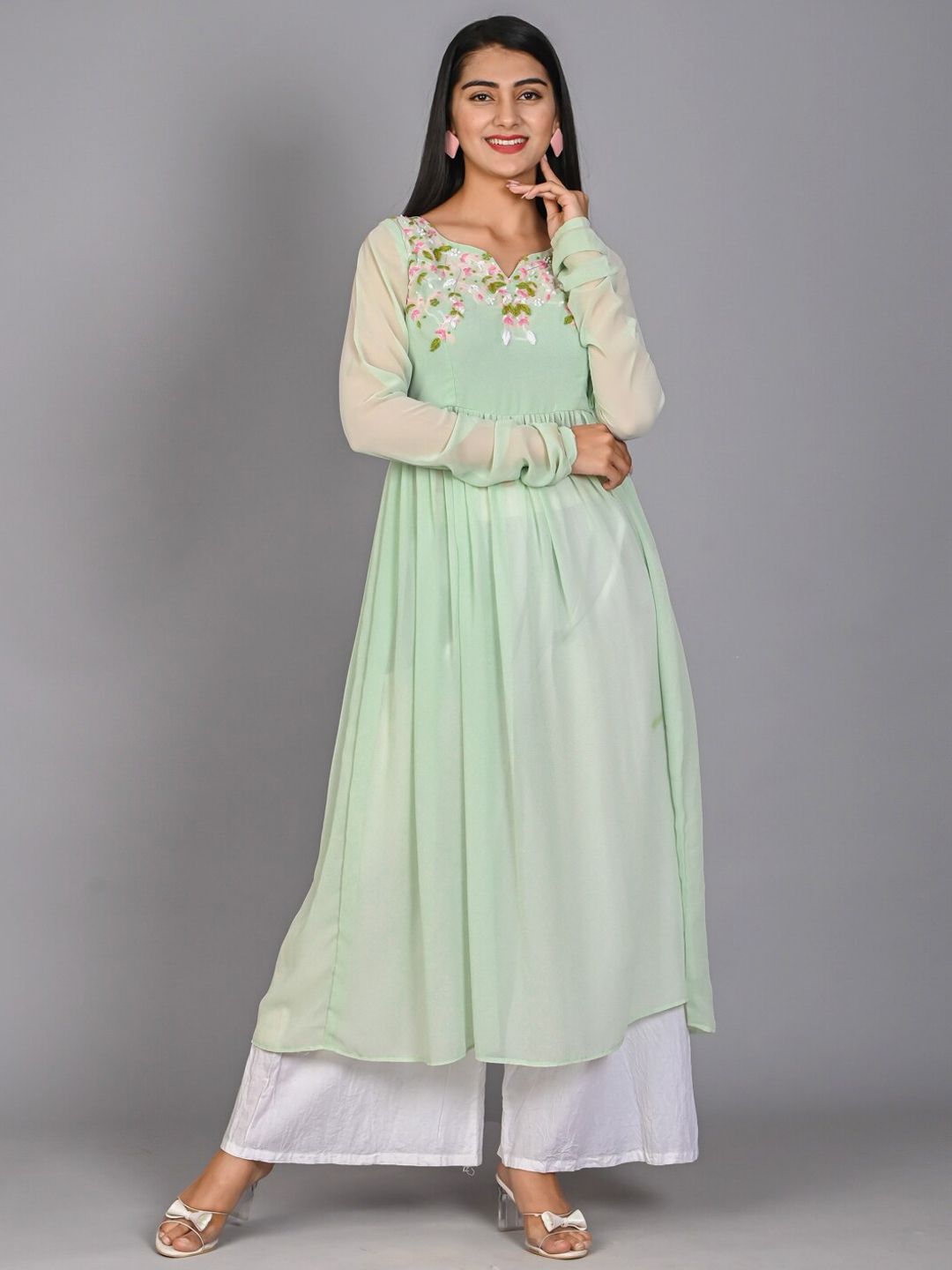 Bavaria Women Green Thread Work Kurti with Palazzos Price in India