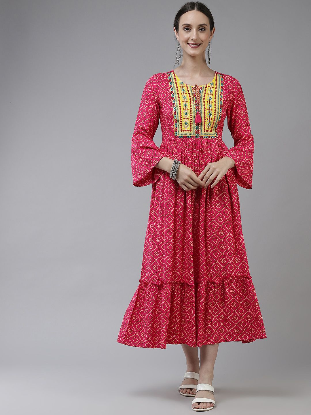 Yufta Pink & Yellow Ethnic Motifs Embroidered Tie-Up Neck Ethnic A-Line Midi Dress Price in India