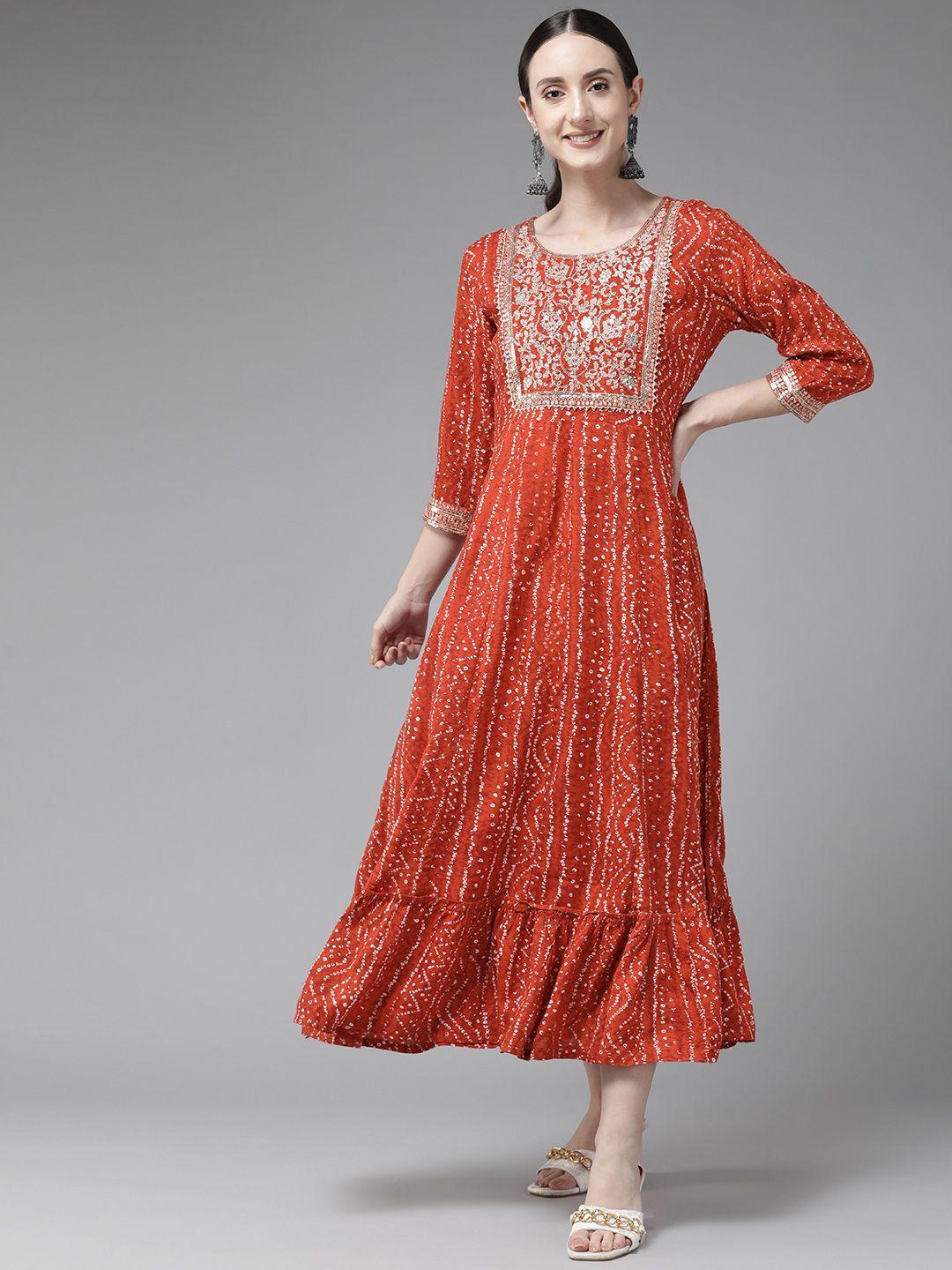 Yufta Red Ethnic Motifs Embroidered Ethnic A-Line Midi Dress Price in India