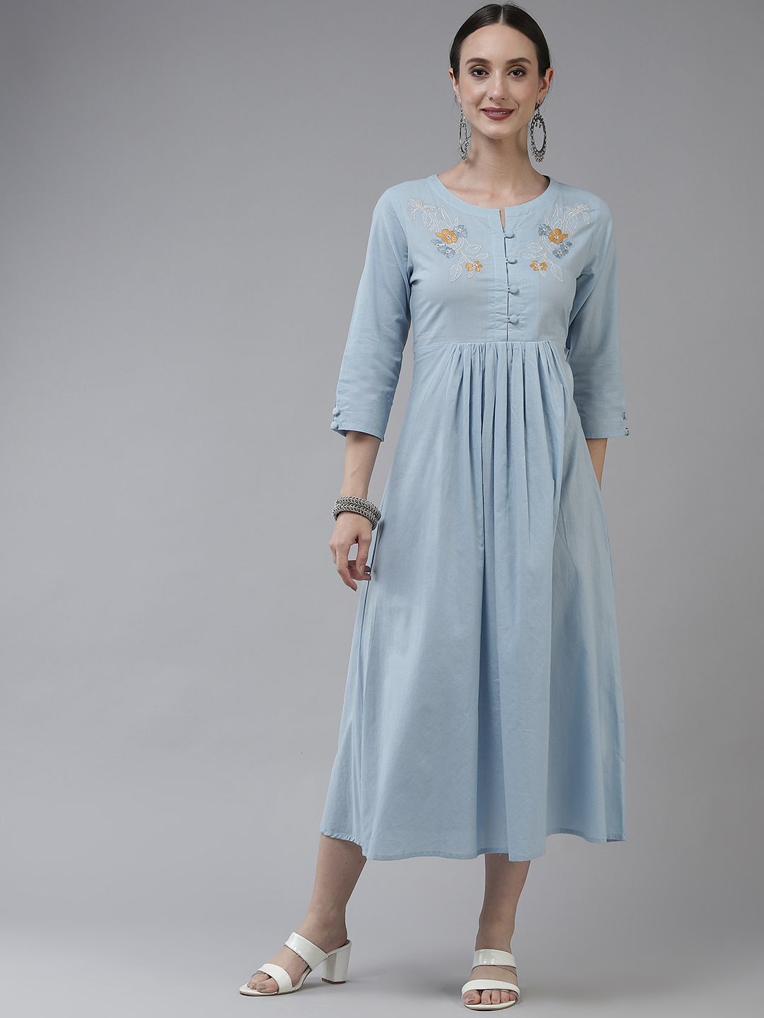 Yufta Blue Embroidered Ethnic A-Line Midi Dress Price in India