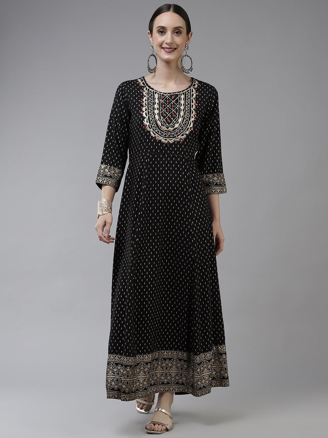 Yufta Black Ethnic Motifs Gotta Patti Embroidered Ethnic Maxi Dress Price in India