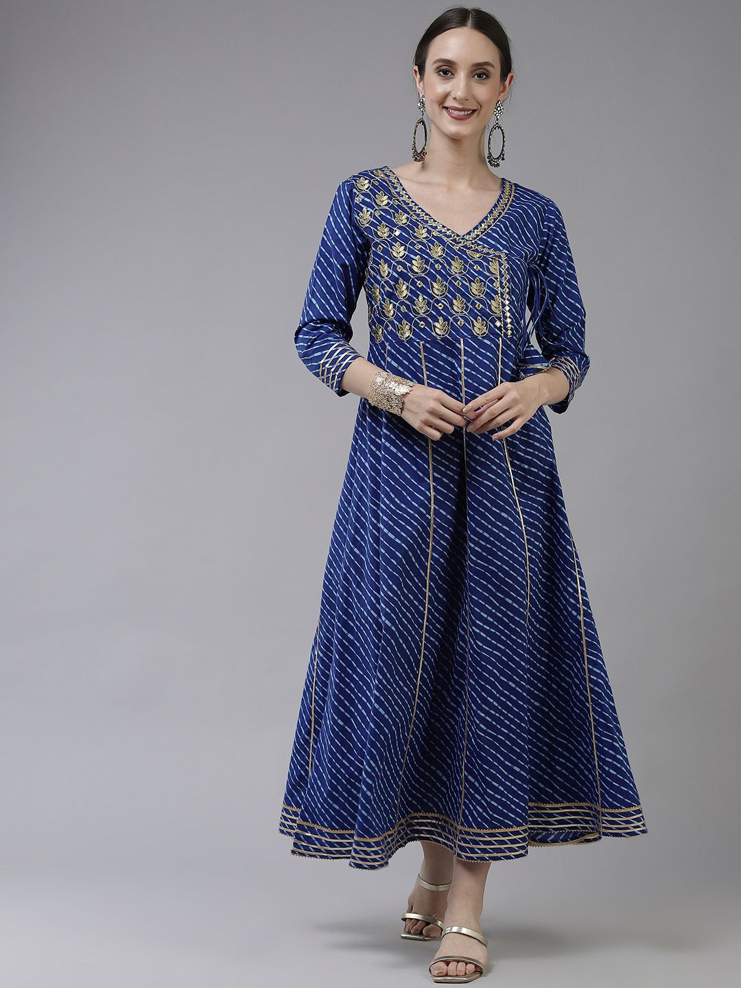 Yufta Blue Ethnic Motifs Embroidered Gotta Patti Pure Cotton Ethnic Maxi Dress Price in India