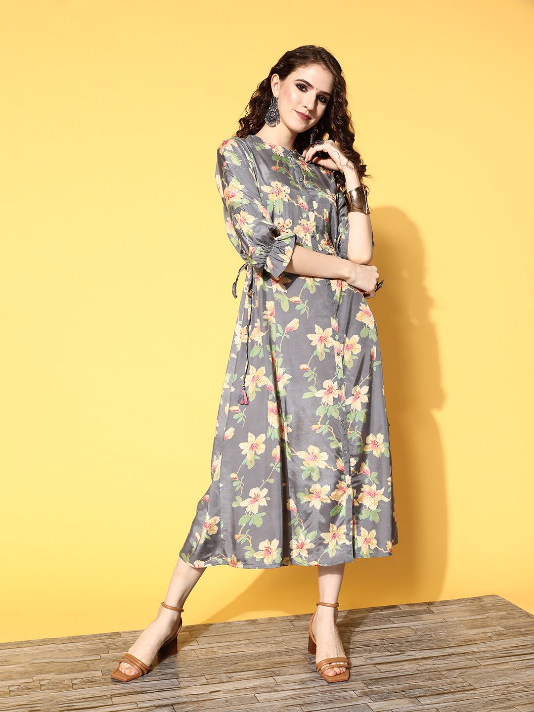 ZOLA Women Grey Floral Volume Play Dress Price in India