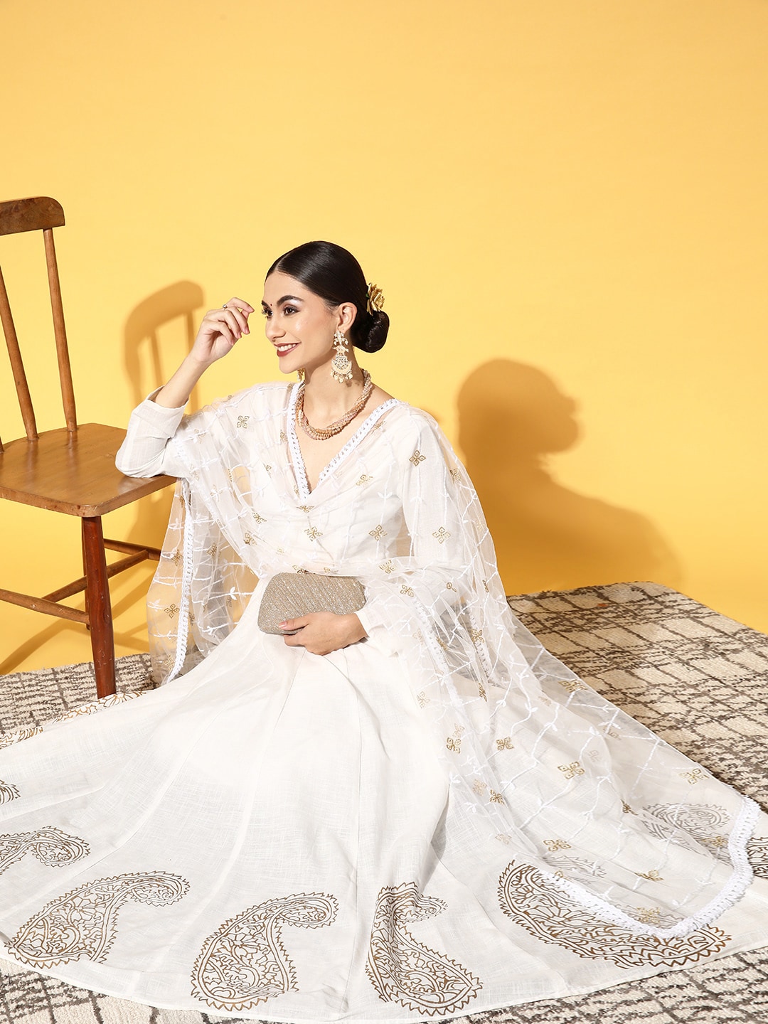 PANIT Women Classic White Ethnic Motifs Swirling Volume Dress Price in India