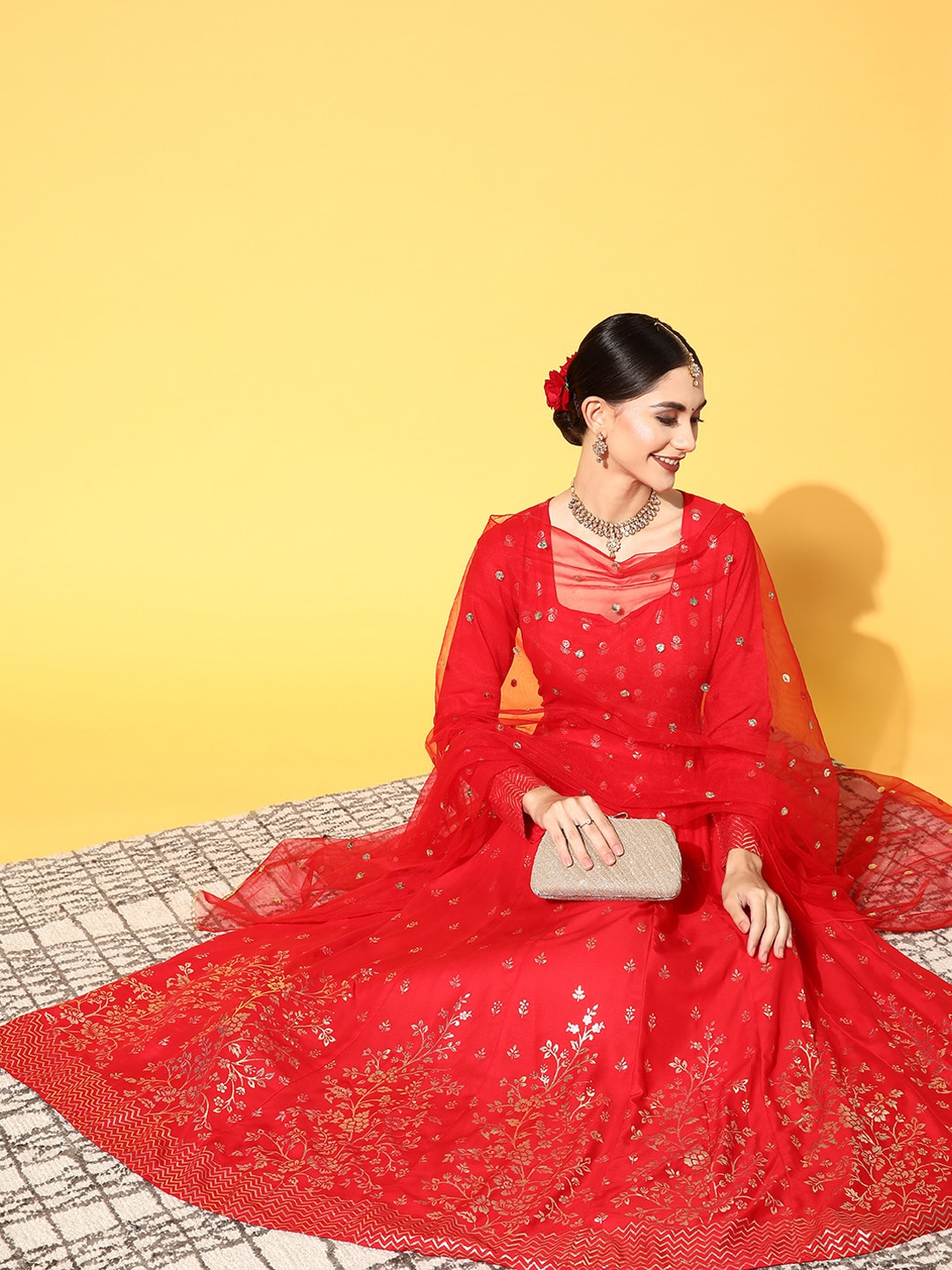 PANIT Women Red Ethnic Motifs Swirling Volume Dress Price in India