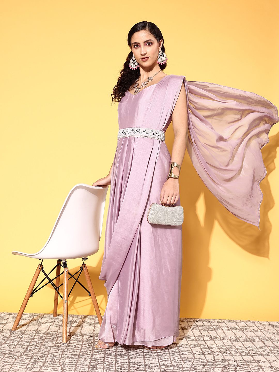 Inddus Women Attractive Lavender Solid Draped Luxe Dress Price in India