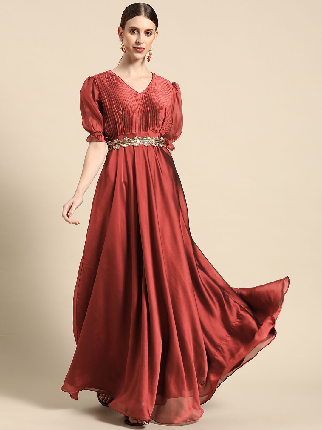 Sangria Maroon Solid Pleated Ethnic Maxi Gown Comes With a Belt Price in India