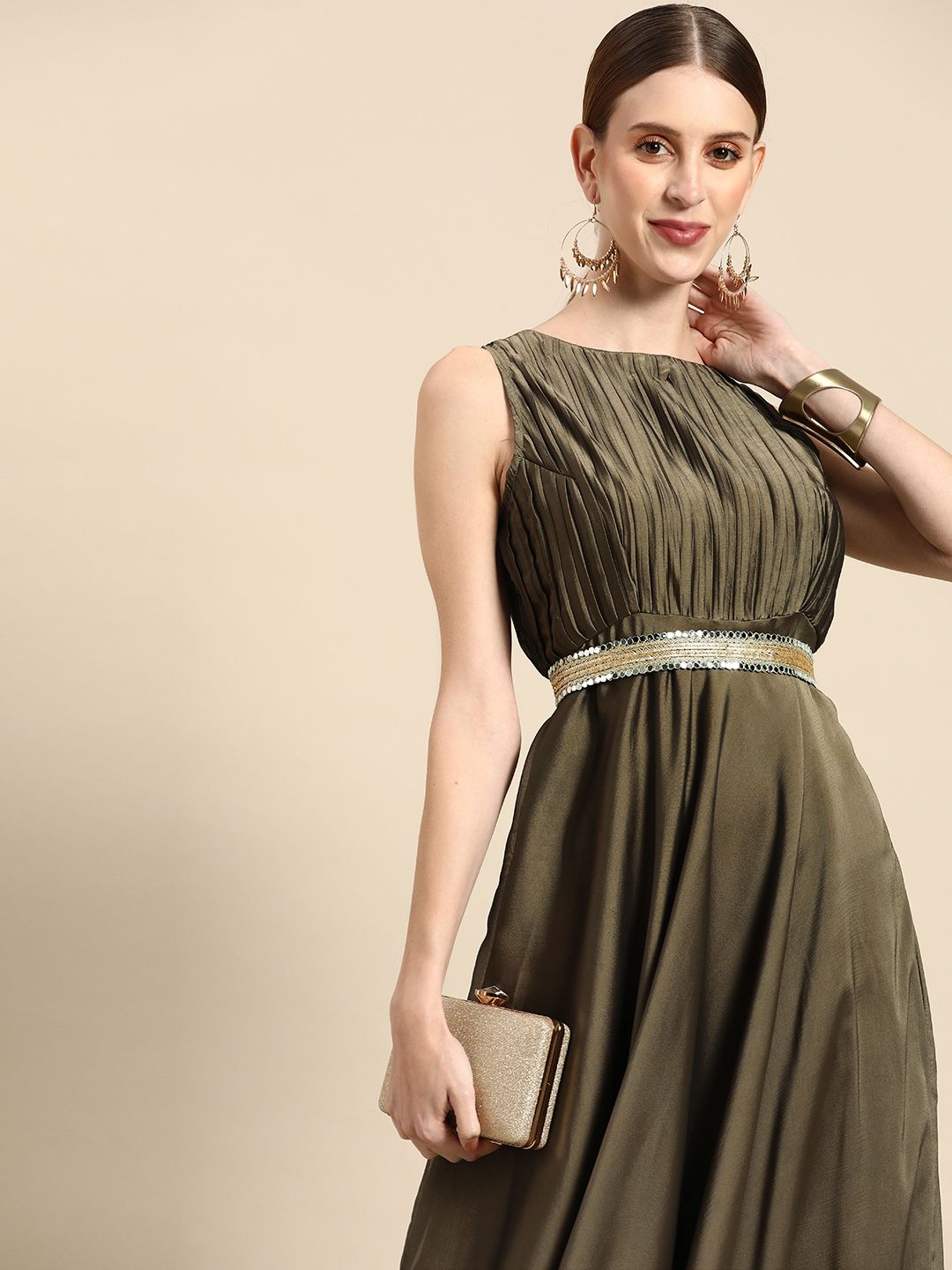 Sangria Taupe Solid Pleated Ethnic Maxi Gown with Embellished Belt Price in India