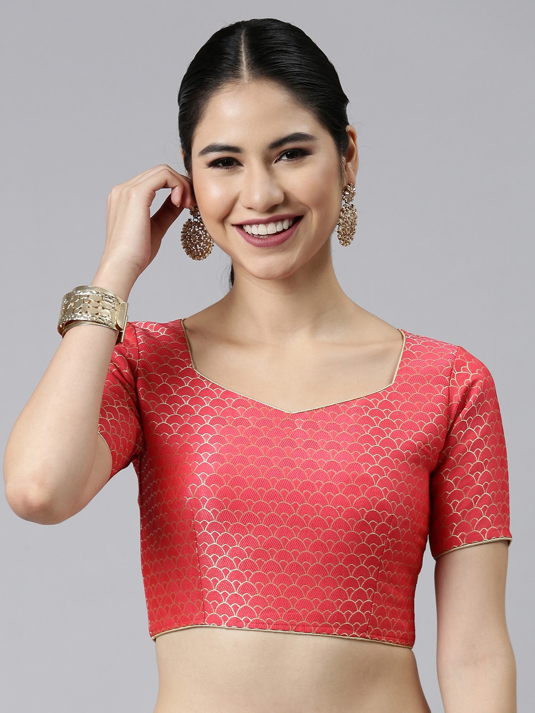 flaher Peach-Coloured Woven Design Jacquard Padded Blouse Price in India