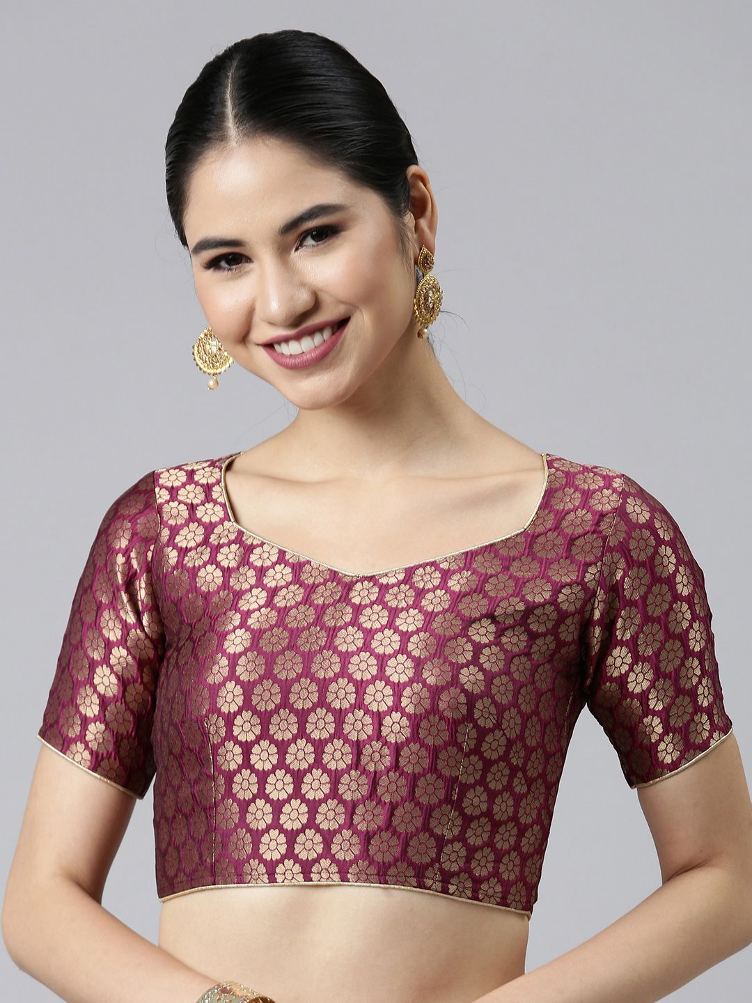 flaher Women Magenta & Golden Jacquard Woven Design Padded Saree Blouse Price in India